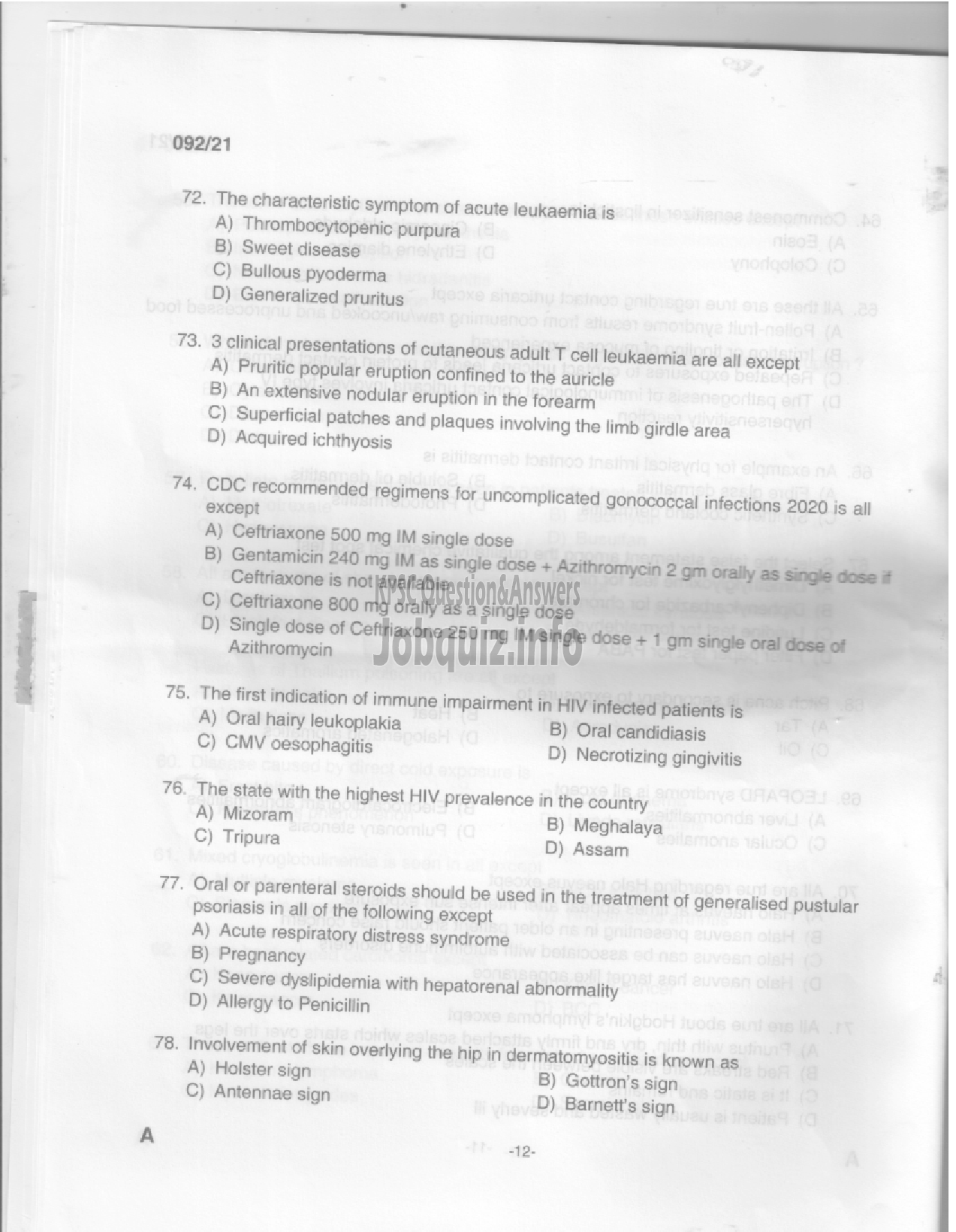 Kerala PSC Question Paper - Assistant Professor in Dermatology and Venereology in Medical Education Services (CAT.NO:322/2020) -10