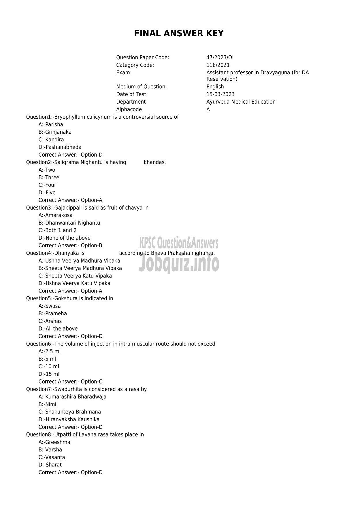 Kerala PSC Question Paper - Assistant Professor in Dravyaguna (for DA Reservation)-1