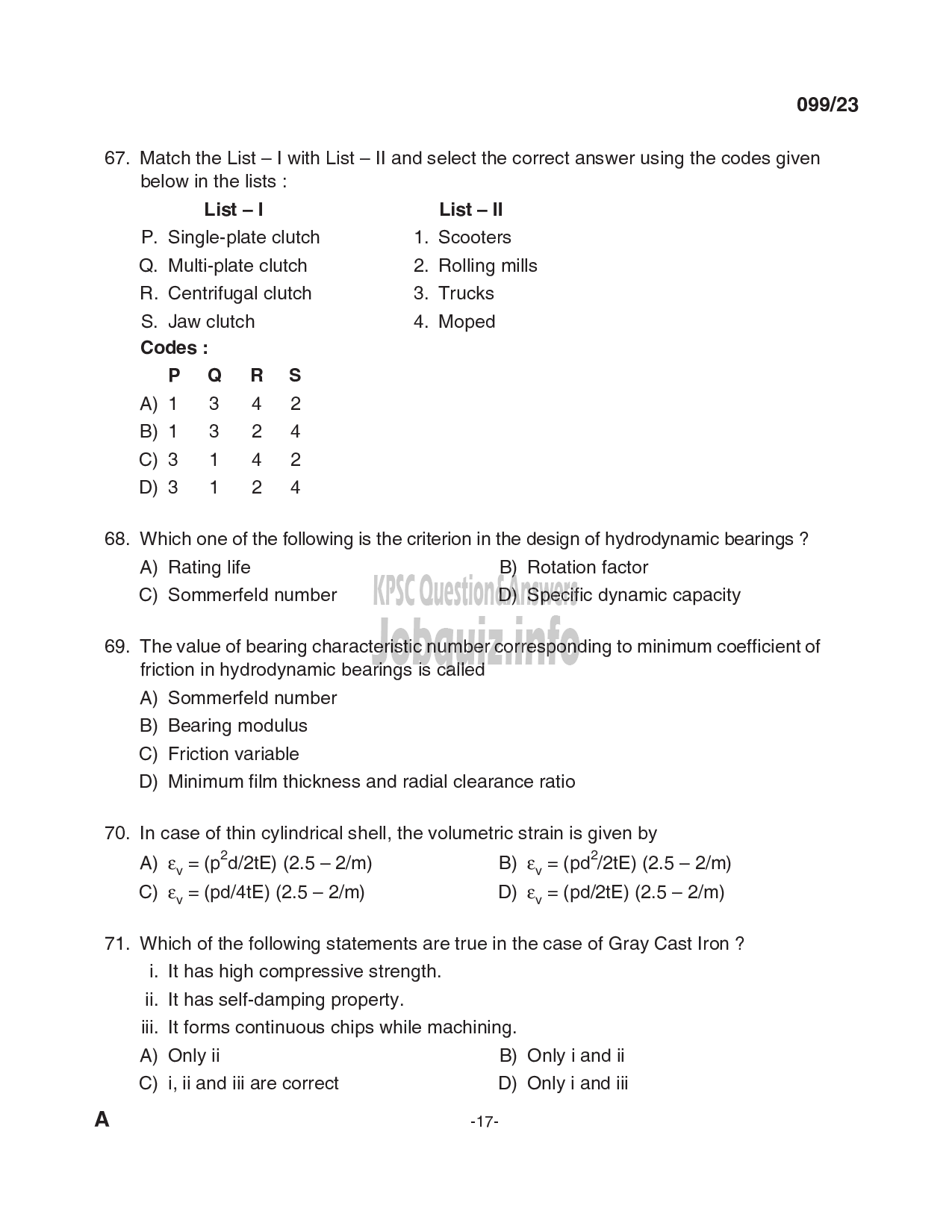 Kerala PSC Question Paper - Assistant Professor in Mechanical Engineering-17