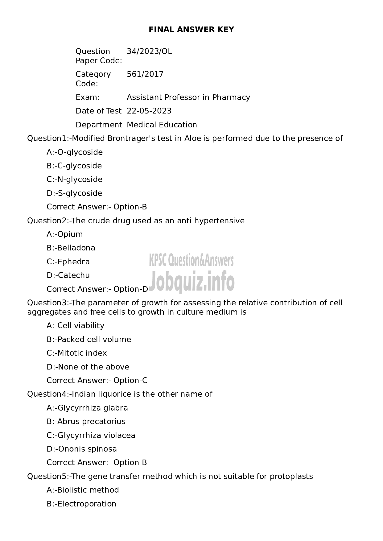 Kerala PSC Question Paper - Assistant Professor in Pharmacy-1