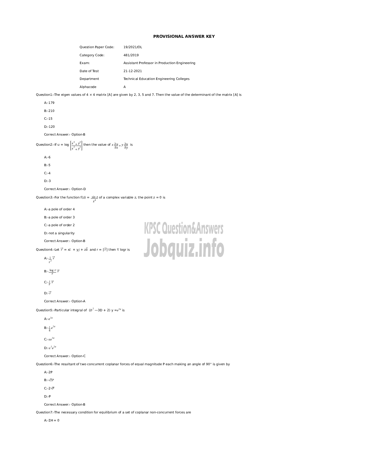 Kerala PSC Question Paper - Assistant Professor in Production Engineering-Technical Education Engineering Colleges -1