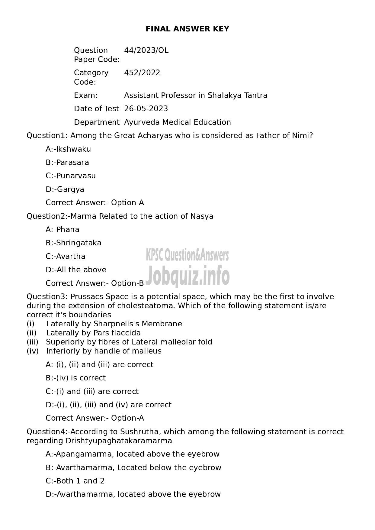 Kerala PSC Question Paper - Assistant Professor in Shalakya Tantra-1