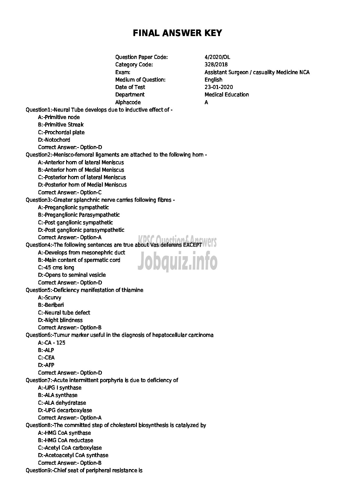 Kerala PSC Question Paper - Assistant Surgeon / casuality Medicine NCA Medical Education-1