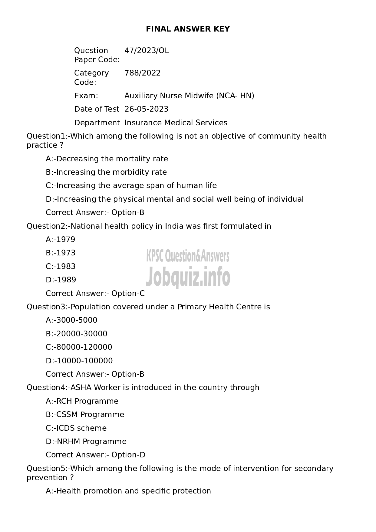 Kerala PSC Question Paper - Auxiliary Nurse Midwife (NCA- HN)-1