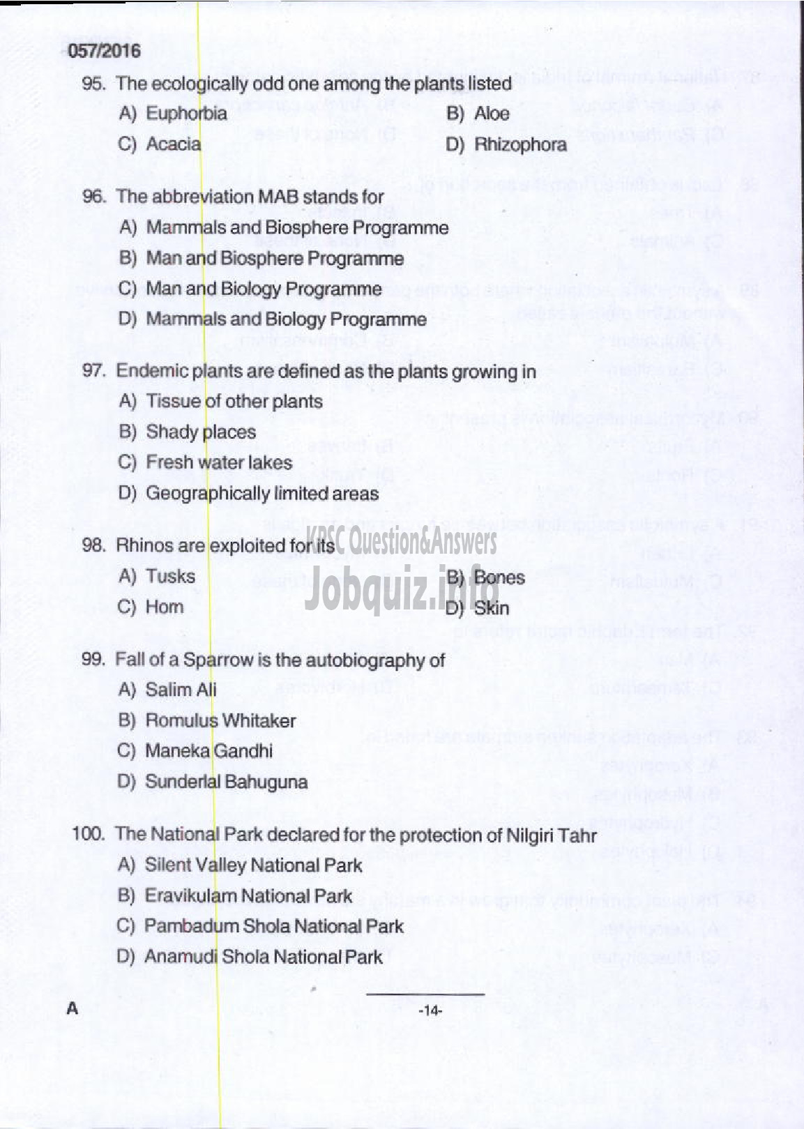 Kerala PSC Question Paper - BEAT FOREST OFFICER FOREST-12