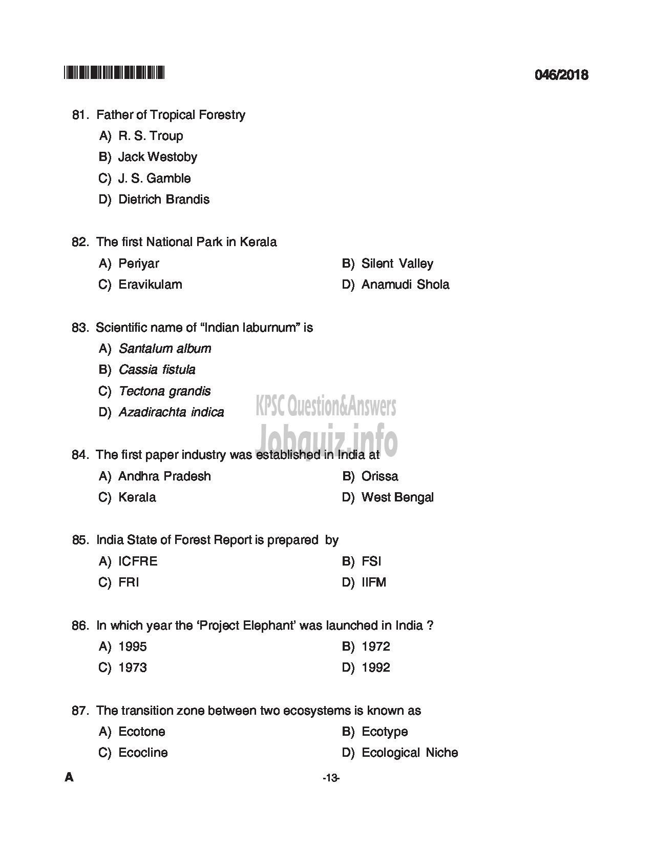 Kerala PSC Question Paper - BEAT FOREST OFFICER FOREST-13