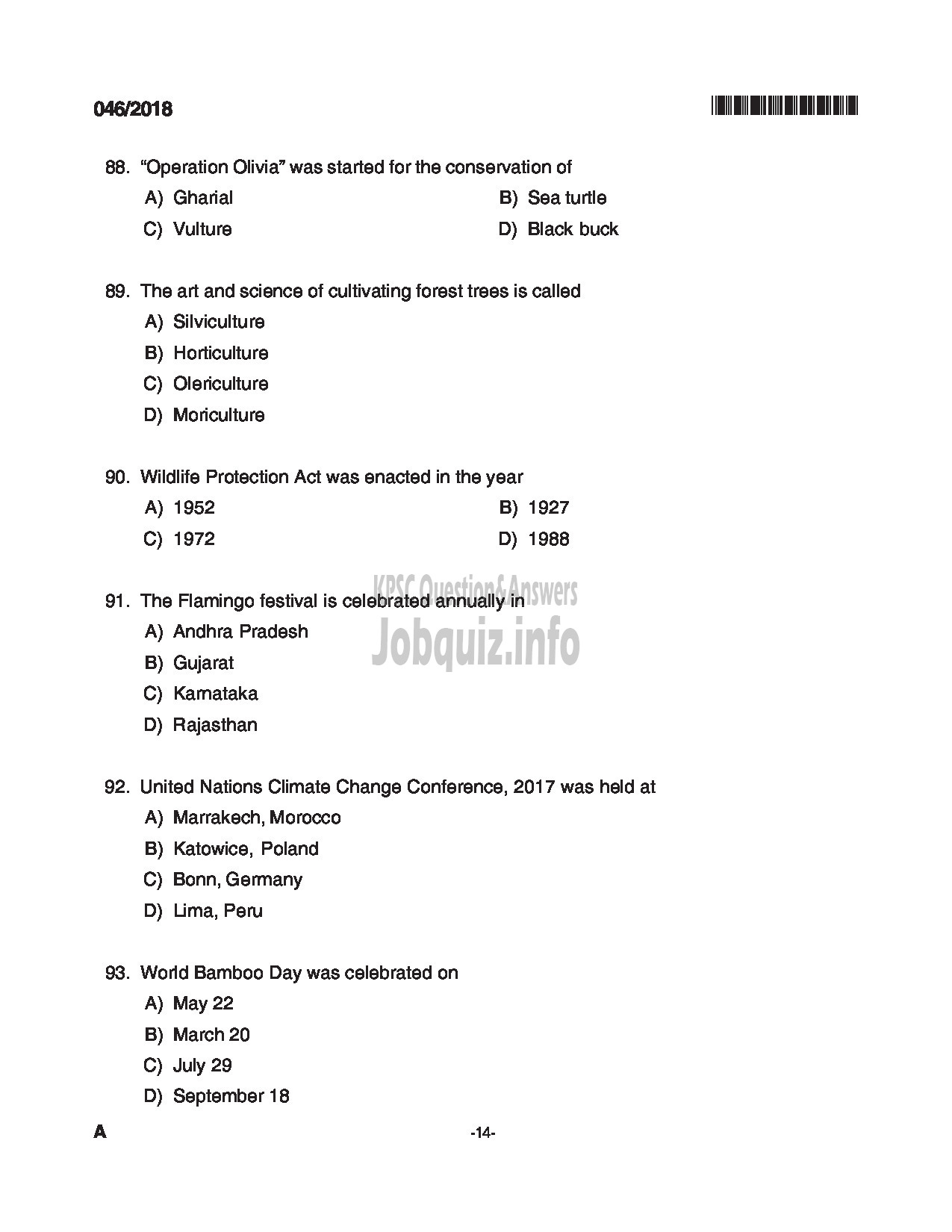 Kerala PSC Question Paper - BEAT FOREST OFFICER FOREST-14