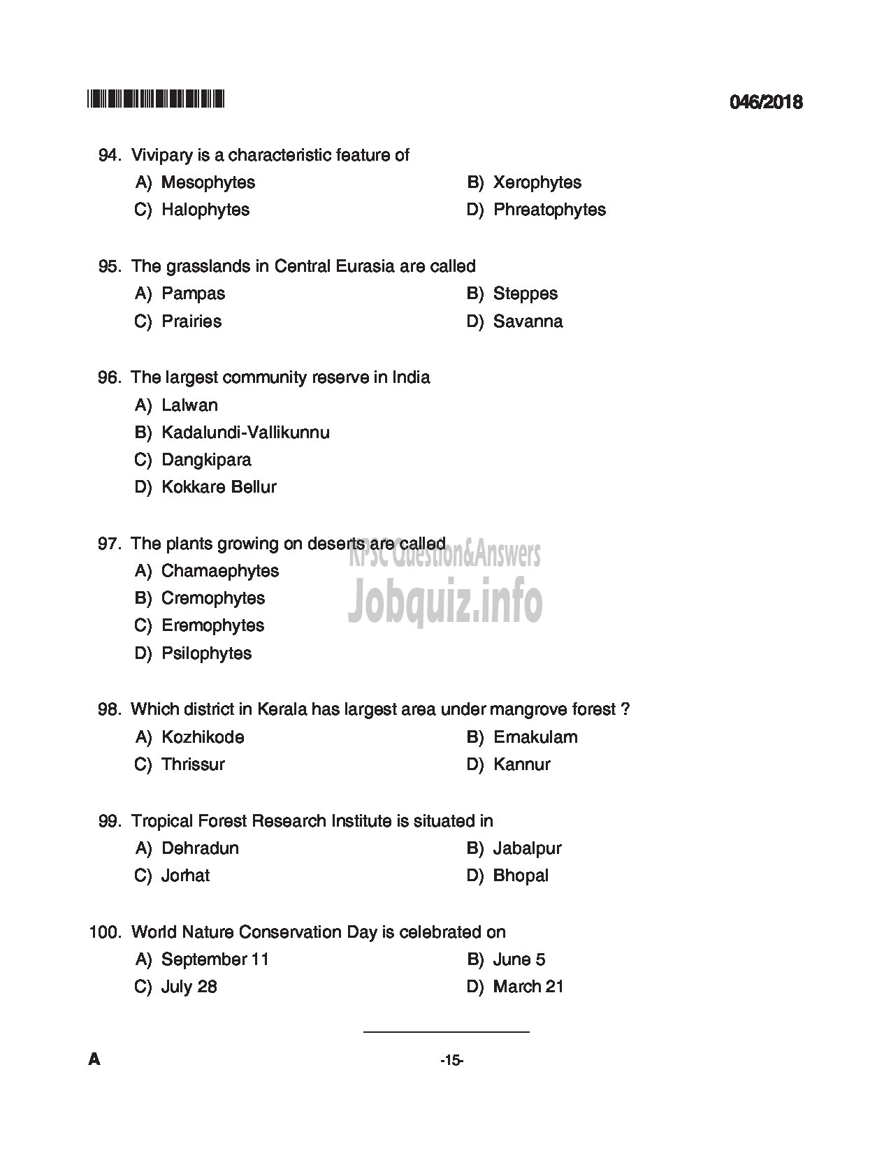 Kerala PSC Question Paper - BEAT FOREST OFFICER FOREST-15