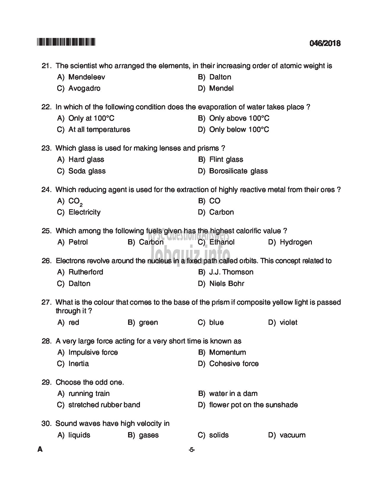 Kerala PSC Question Paper - BEAT FOREST OFFICER FOREST-5