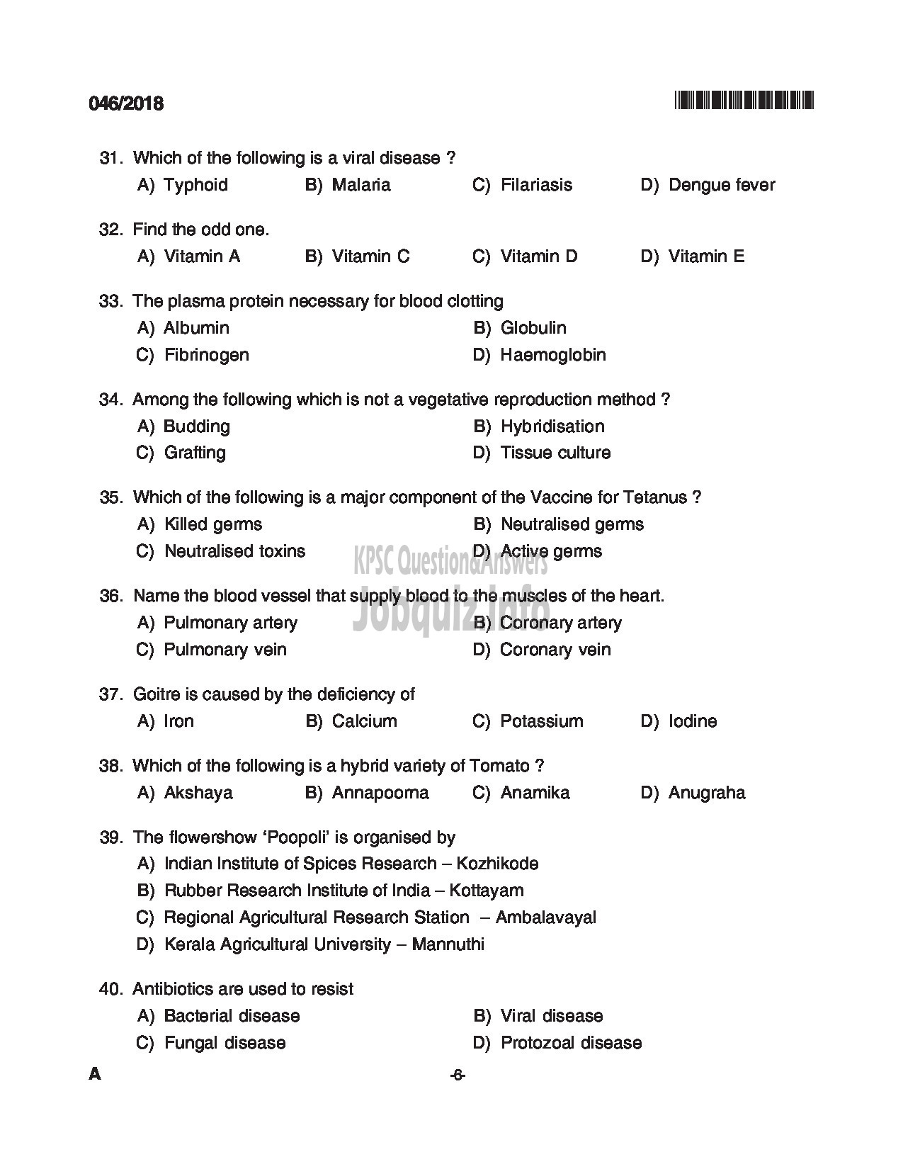 Kerala PSC Question Paper - BEAT FOREST OFFICER FOREST-6