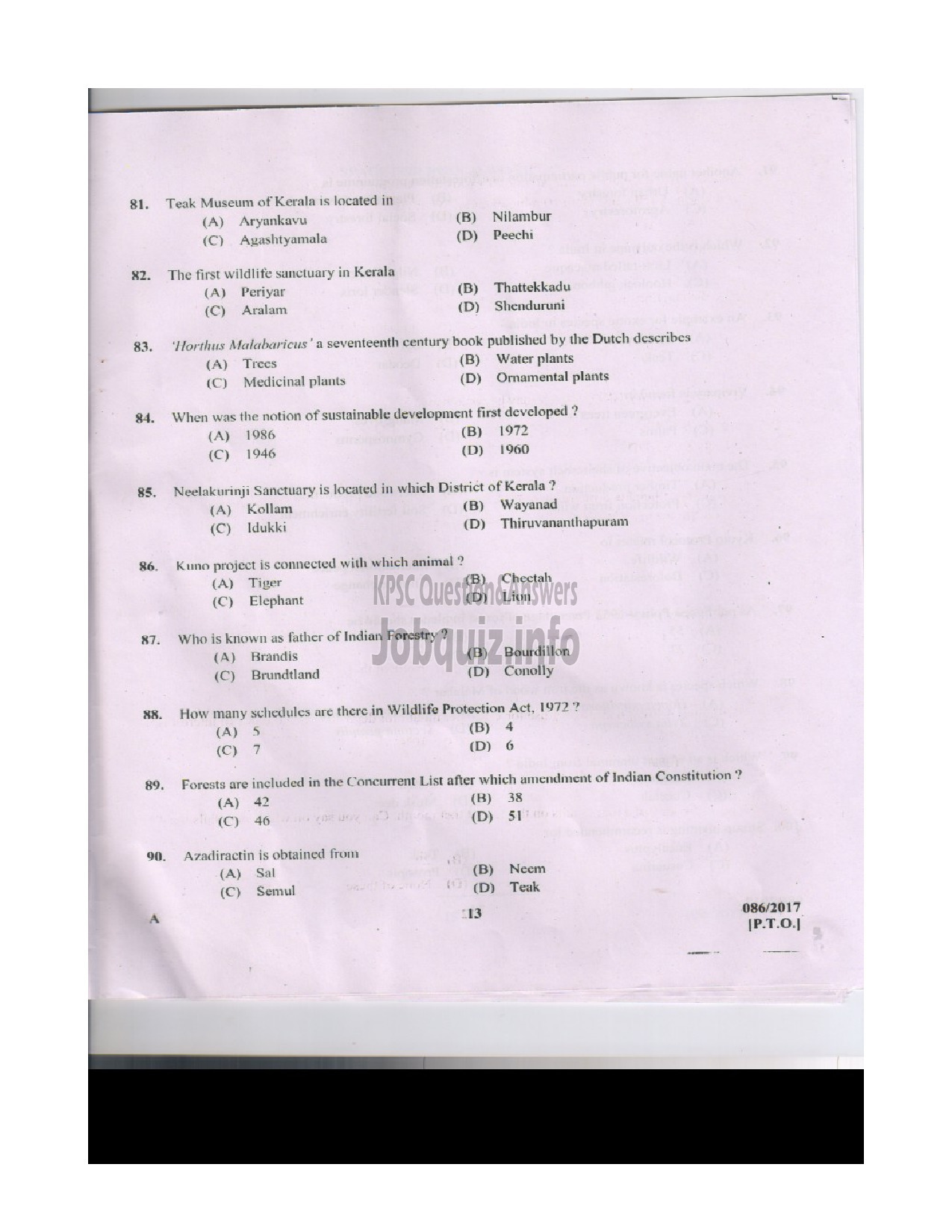 Kerala PSC Question Paper - BEAT FOREST OFFICER SR FOR ST FOREST QUESTION PAPER-12