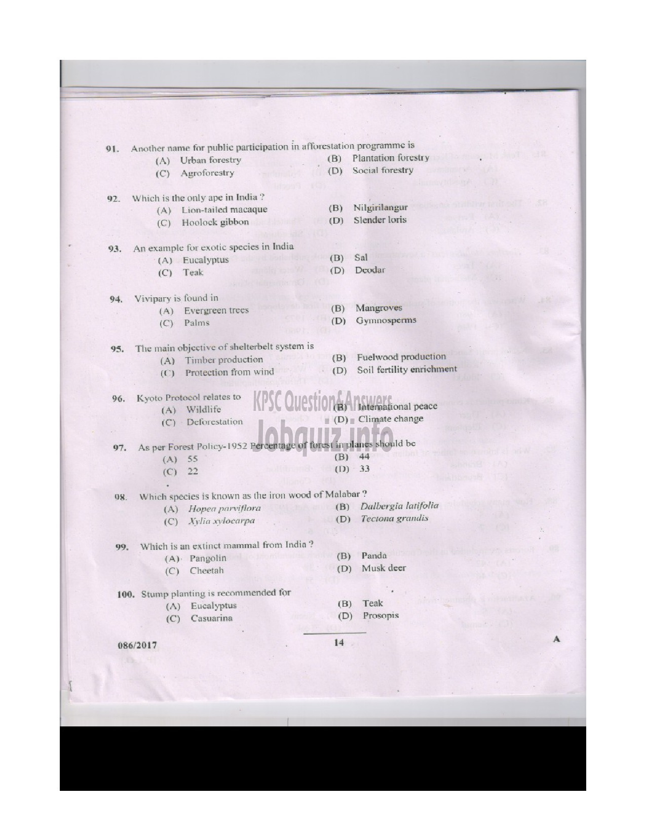 Kerala PSC Question Paper - BEAT FOREST OFFICER SR FOR ST FOREST QUESTION PAPER-13