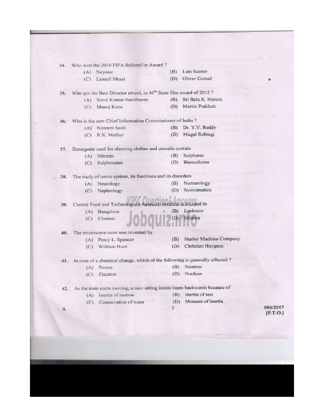 Kerala PSC Question Paper - BEAT FOREST OFFICER SR FOR ST FOREST QUESTION PAPER-6