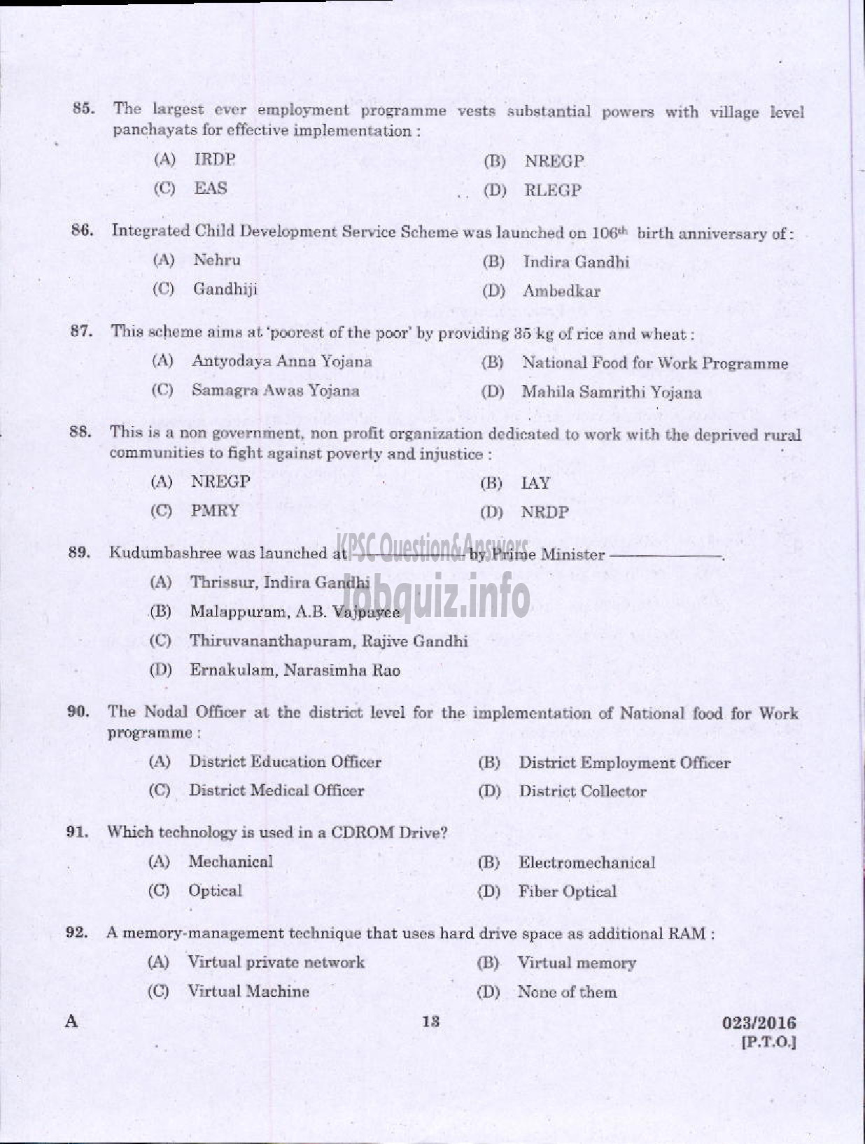 Kerala PSC Question Paper - BLOCK DEVELOPMENT OFFICER RURAL DEVT ADMINISTRATIVE ASST ACCOUNTS OFFICER SR FOR ST GENERAL EDUCATION SECTION OFFICER SR FOR SC/ST KPSC-11