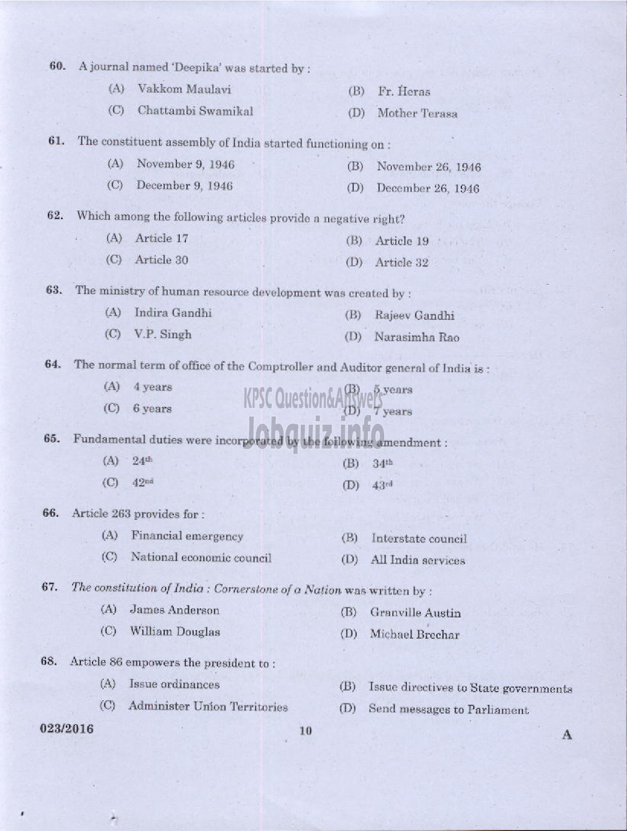 Kerala PSC Question Paper - BLOCK DEVELOPMENT OFFICER RURAL DEVT ADMINISTRATIVE ASST ACCOUNTS OFFICER SR FOR ST GENERAL EDUCATION SECTION OFFICER SR FOR SC/ST KPSC-8