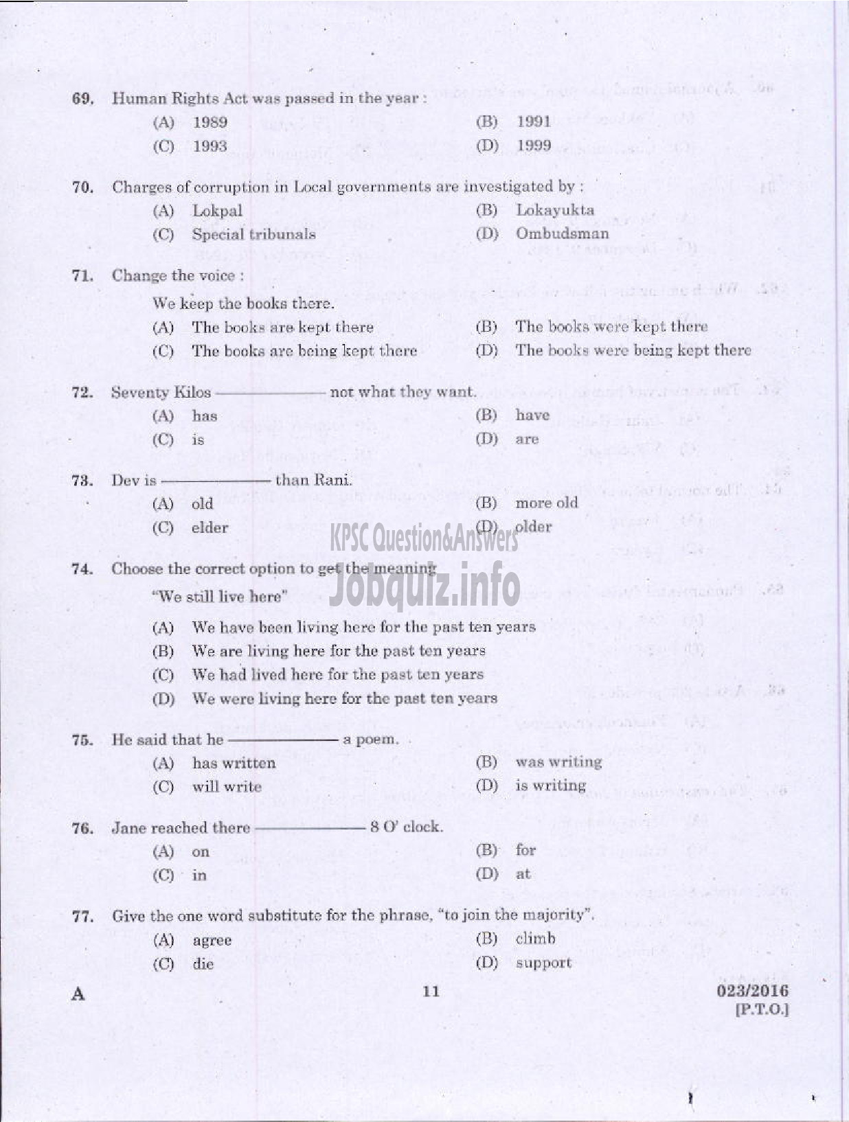 Kerala PSC Question Paper - BLOCK DEVELOPMENT OFFICER RURAL DEVT ADMINISTRATIVE ASST ACCOUNTS OFFICER SR FOR ST GENERAL EDUCATION SECTION OFFICER SR FOR SC/ST KPSC-9