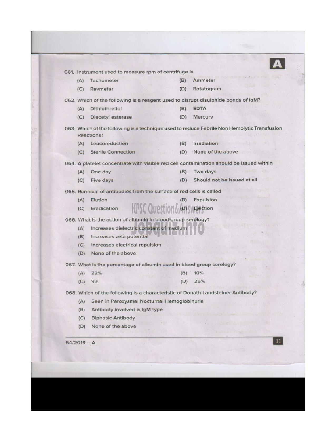 Kerala PSC Question Paper - BLOOD BANK TECHNICIAN HEALTH SERVICES ENGLISH -11