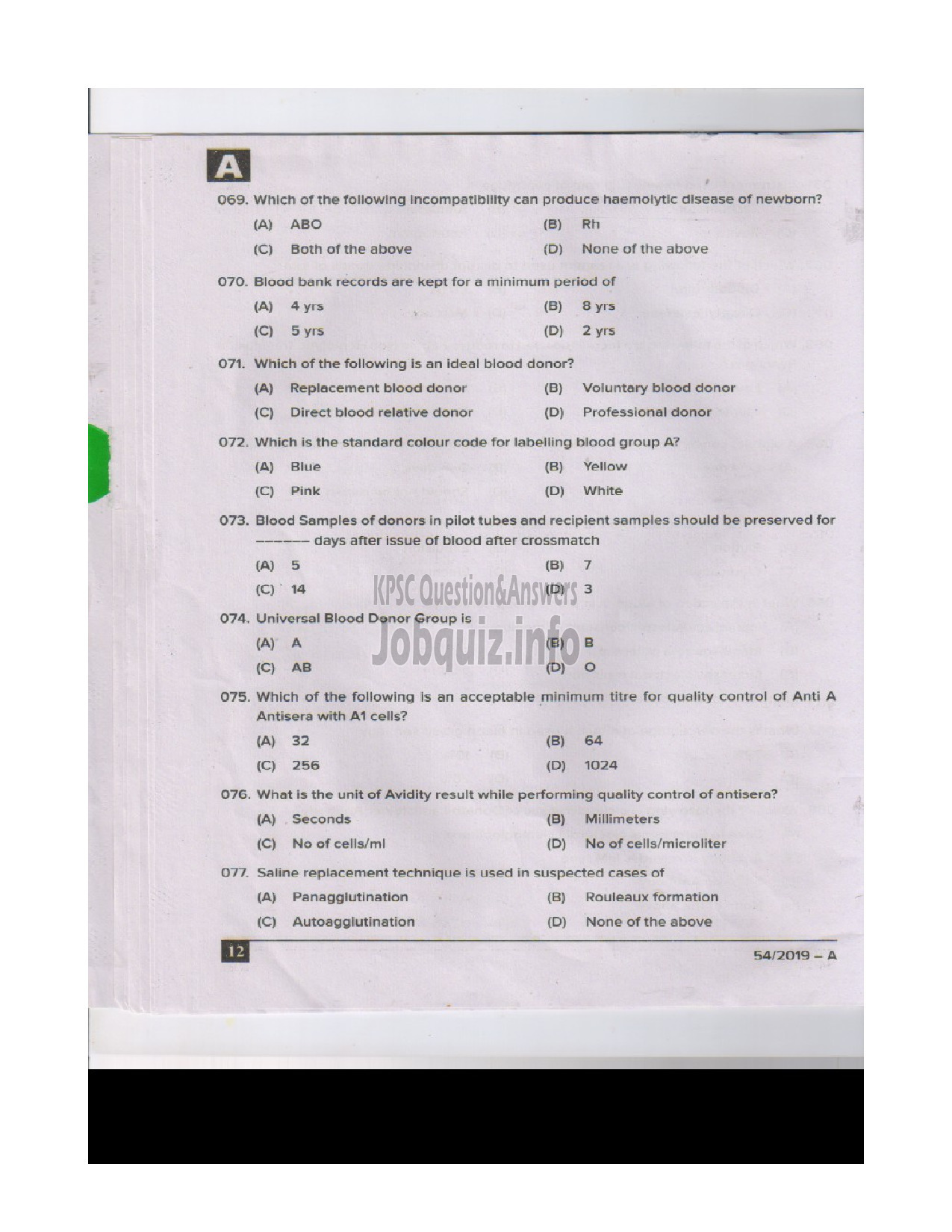 Kerala PSC Question Paper - BLOOD BANK TECHNICIAN HEALTH SERVICES ENGLISH -12