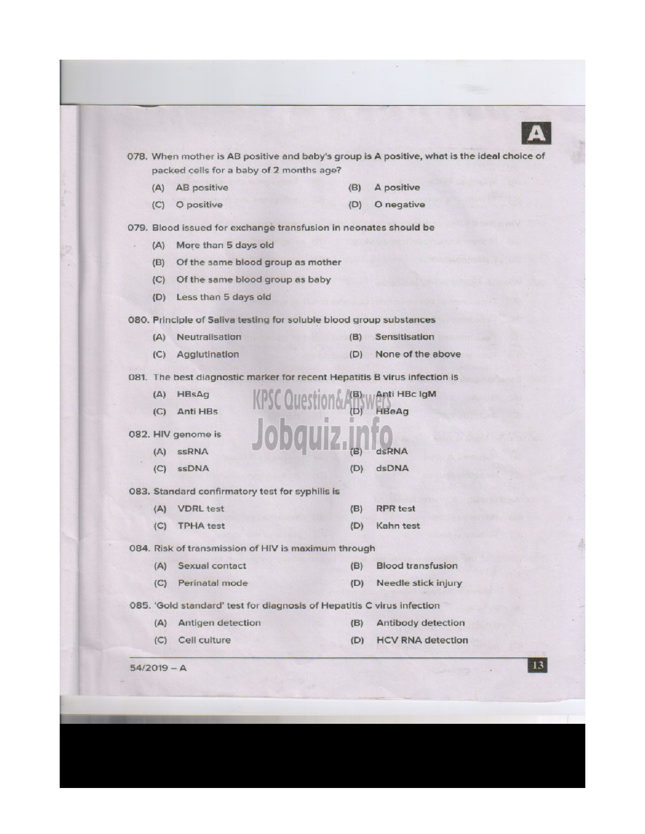 Kerala PSC Question Paper - BLOOD BANK TECHNICIAN HEALTH SERVICES ENGLISH -13