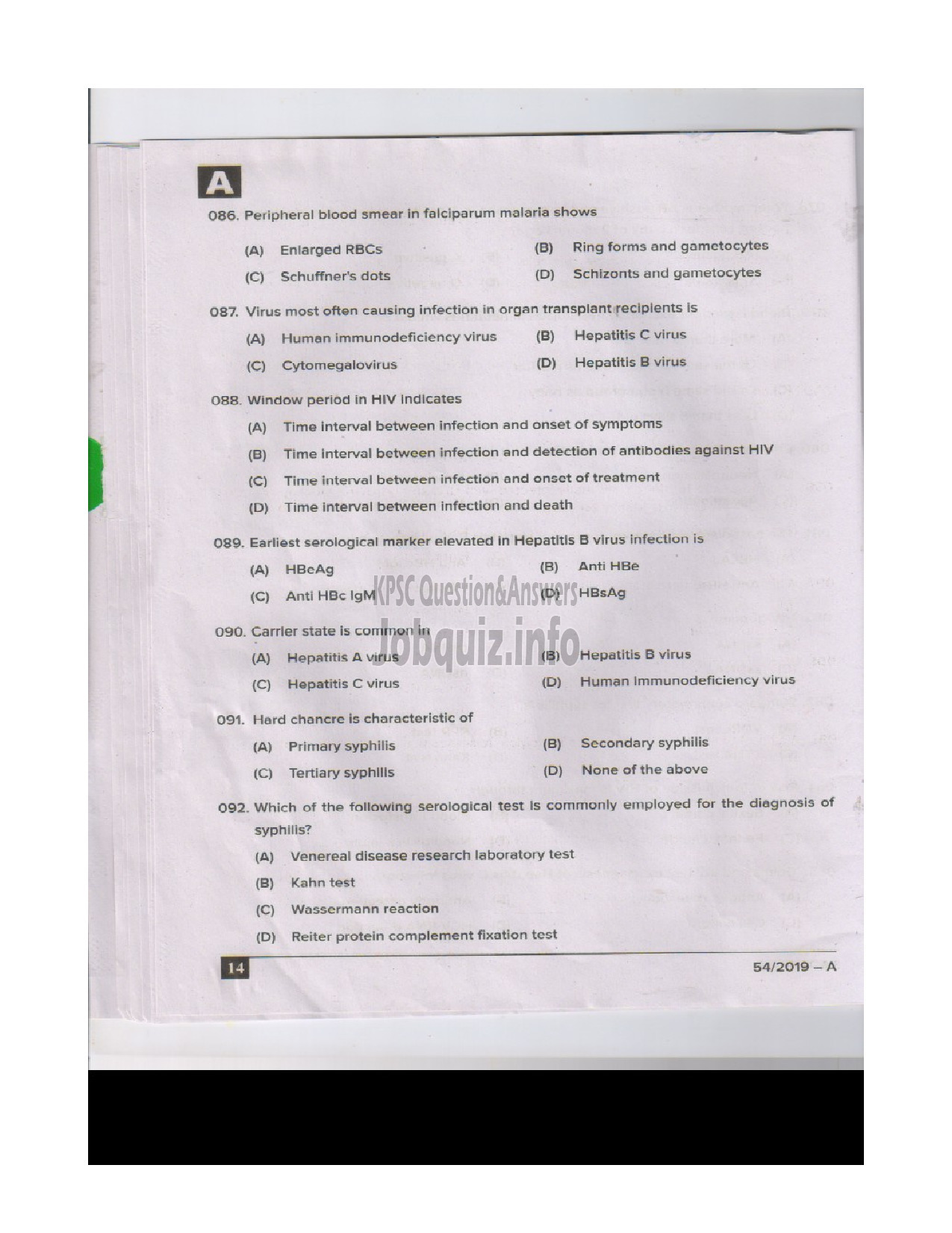 Kerala PSC Question Paper - BLOOD BANK TECHNICIAN HEALTH SERVICES ENGLISH -14