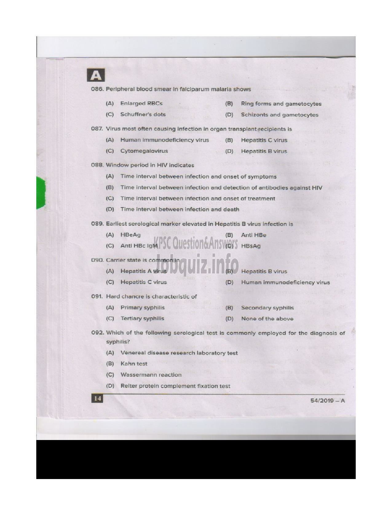 Kerala PSC Question Paper - BLOOD BANK TECHNICIAN HEALTH SERVICES ENGLISH -16
