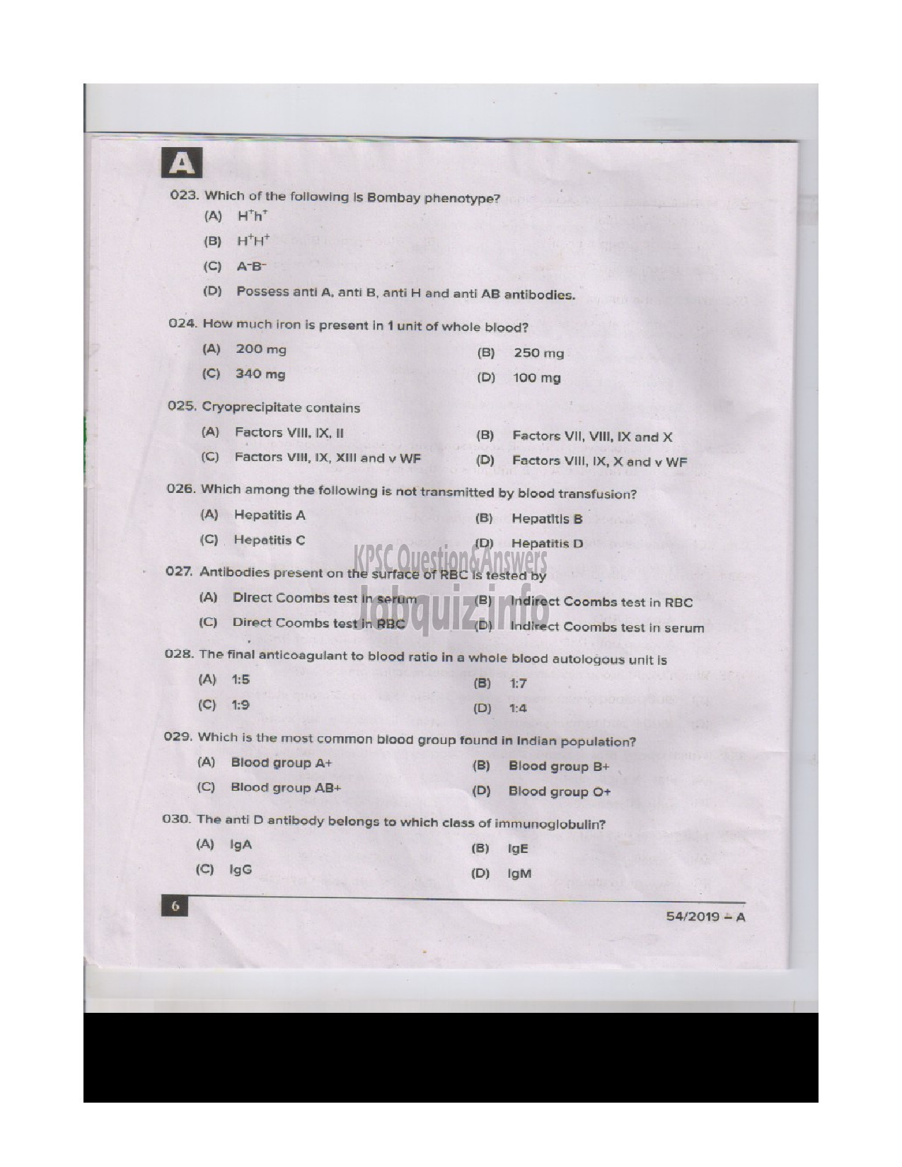 Kerala PSC Question Paper - BLOOD BANK TECHNICIAN HEALTH SERVICES ENGLISH -6
