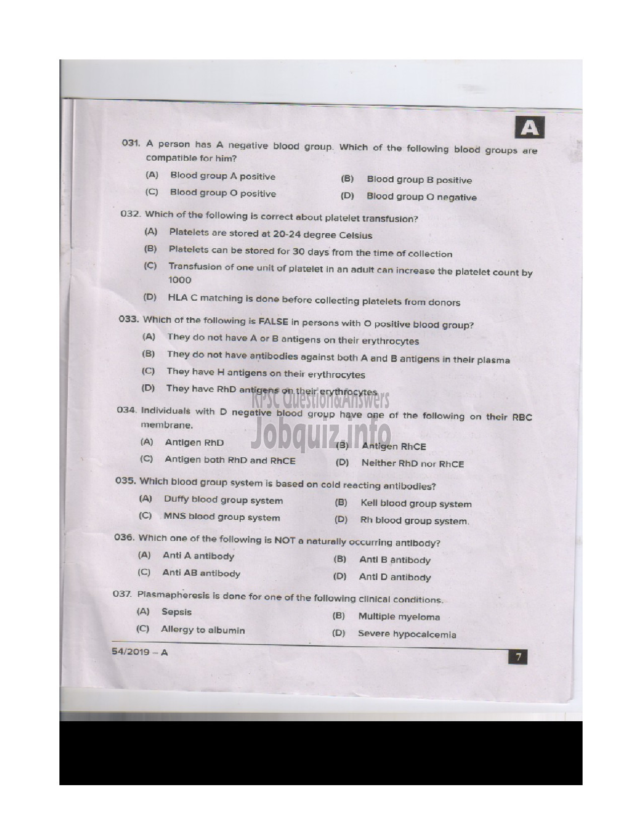 Kerala PSC Question Paper - BLOOD BANK TECHNICIAN HEALTH SERVICES ENGLISH -7