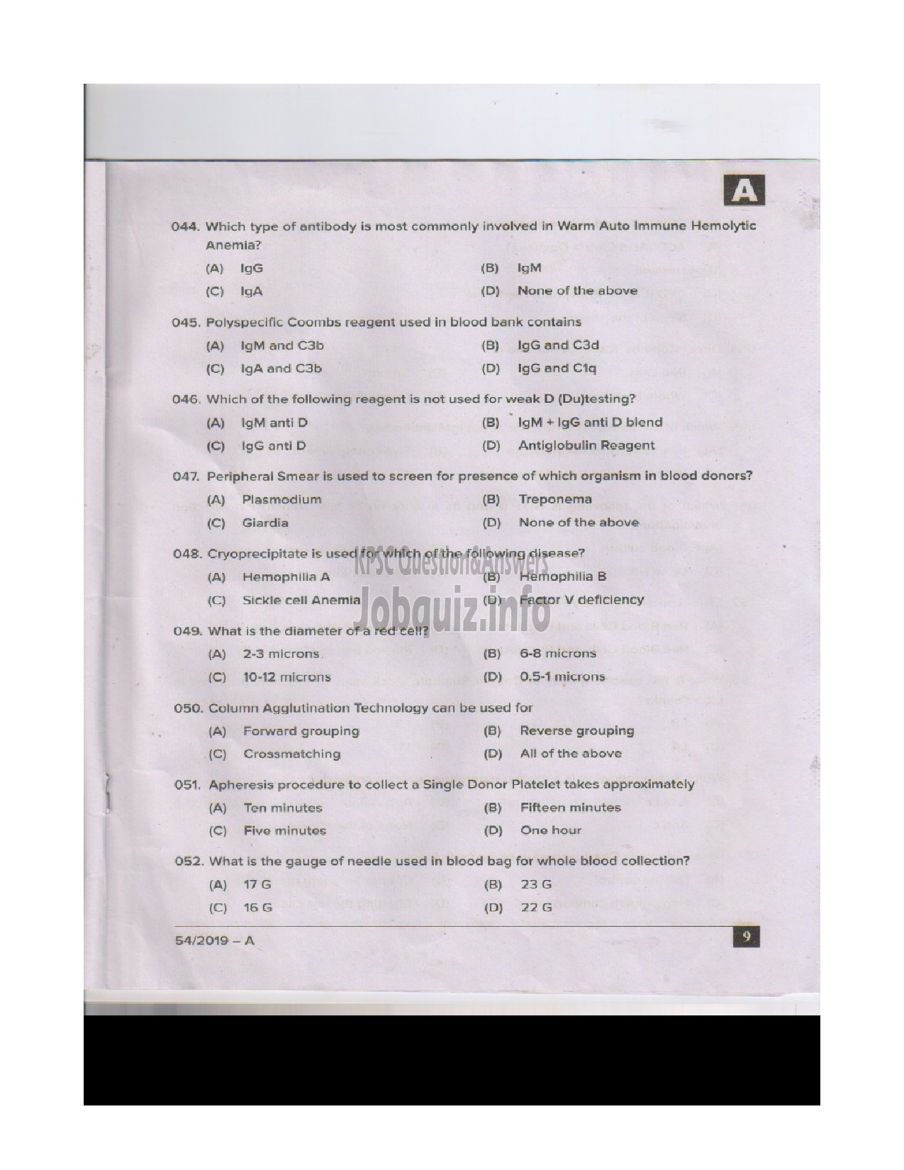 Kerala PSC Question Paper - BLOOD BANK TECHNICIAN HEALTH SERVICES ENGLISH -9