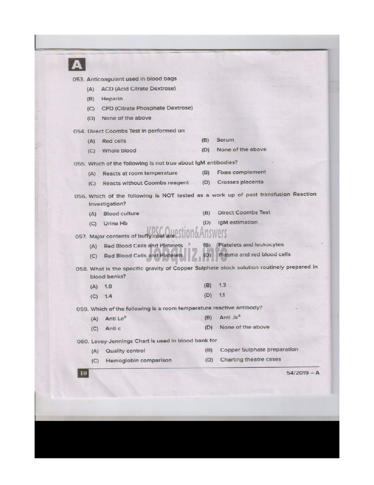 Kerala PSC Question Paper - BLOOD BANK TECHNICIAN HEALTH SERVICES ENGLISH -10