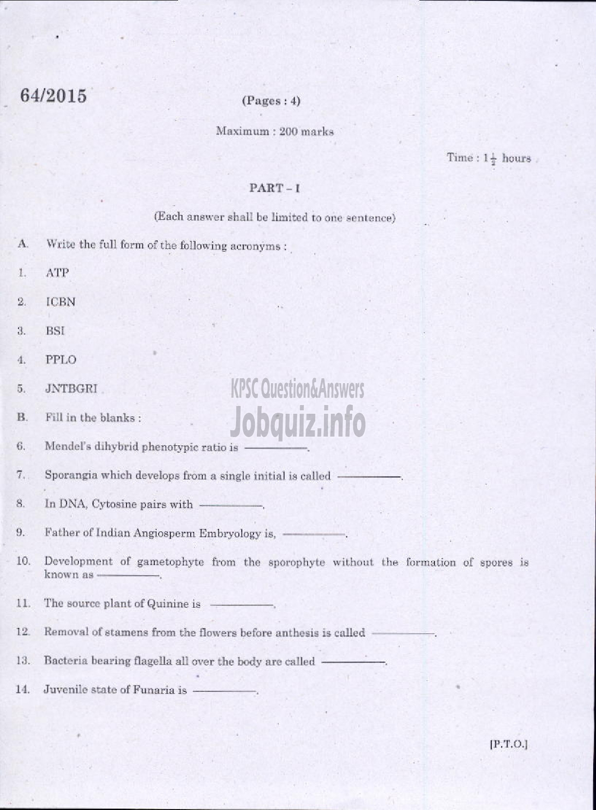 Kerala PSC Question Paper - BOTANY QUESTION PAPER-1