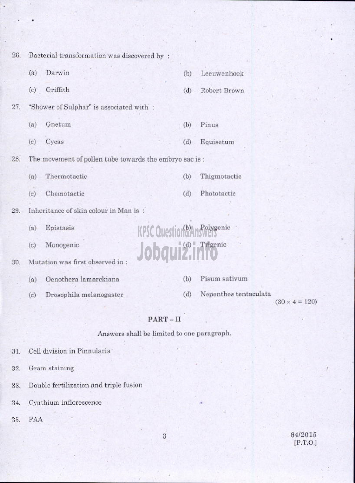 Kerala PSC Question Paper - BOTANY QUESTION PAPER-3