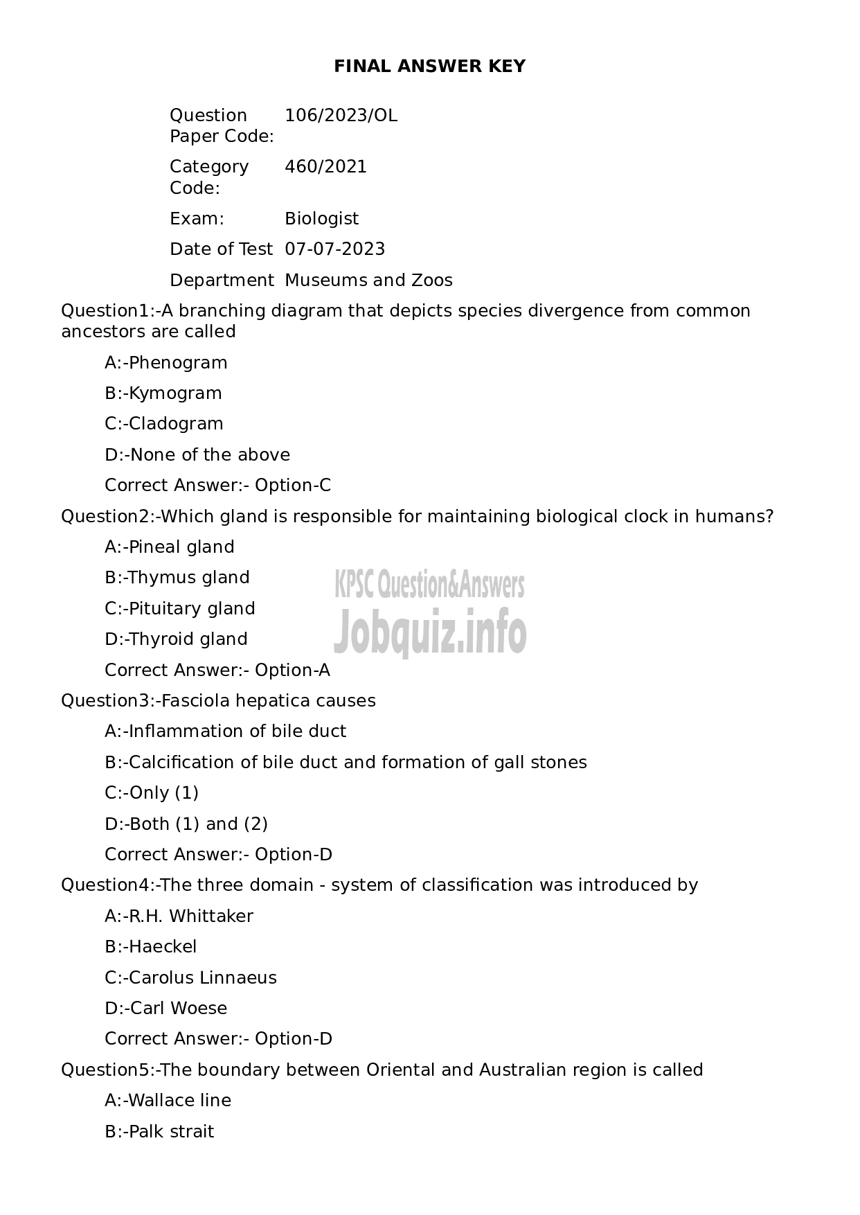 Kerala PSC Question Paper - Biologist-1