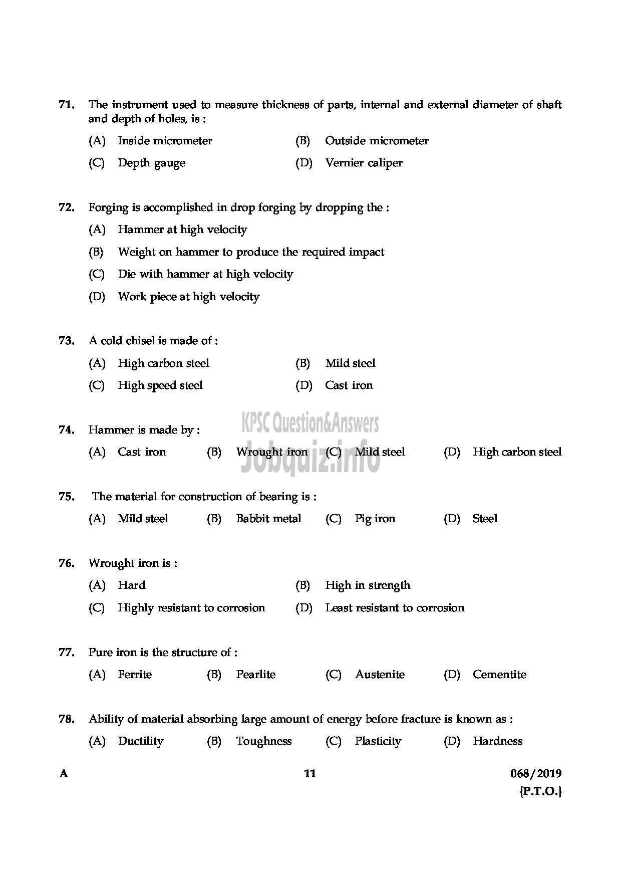 Kerala PSC Question Paper - Blacksmith Gr II Kerala State Water Transport English -11