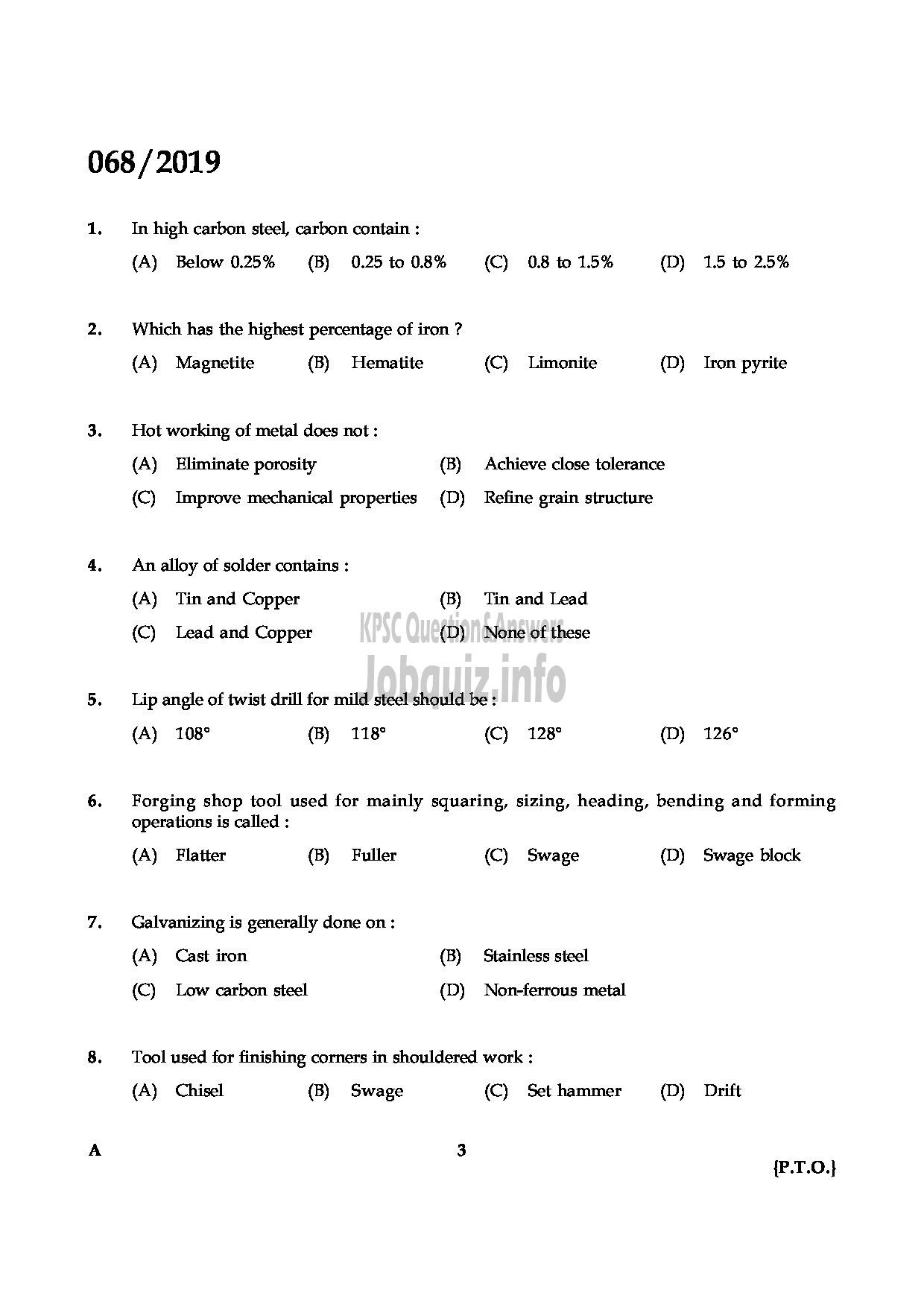 Kerala PSC Question Paper - Blacksmith Gr II Kerala State Water Transport English -3