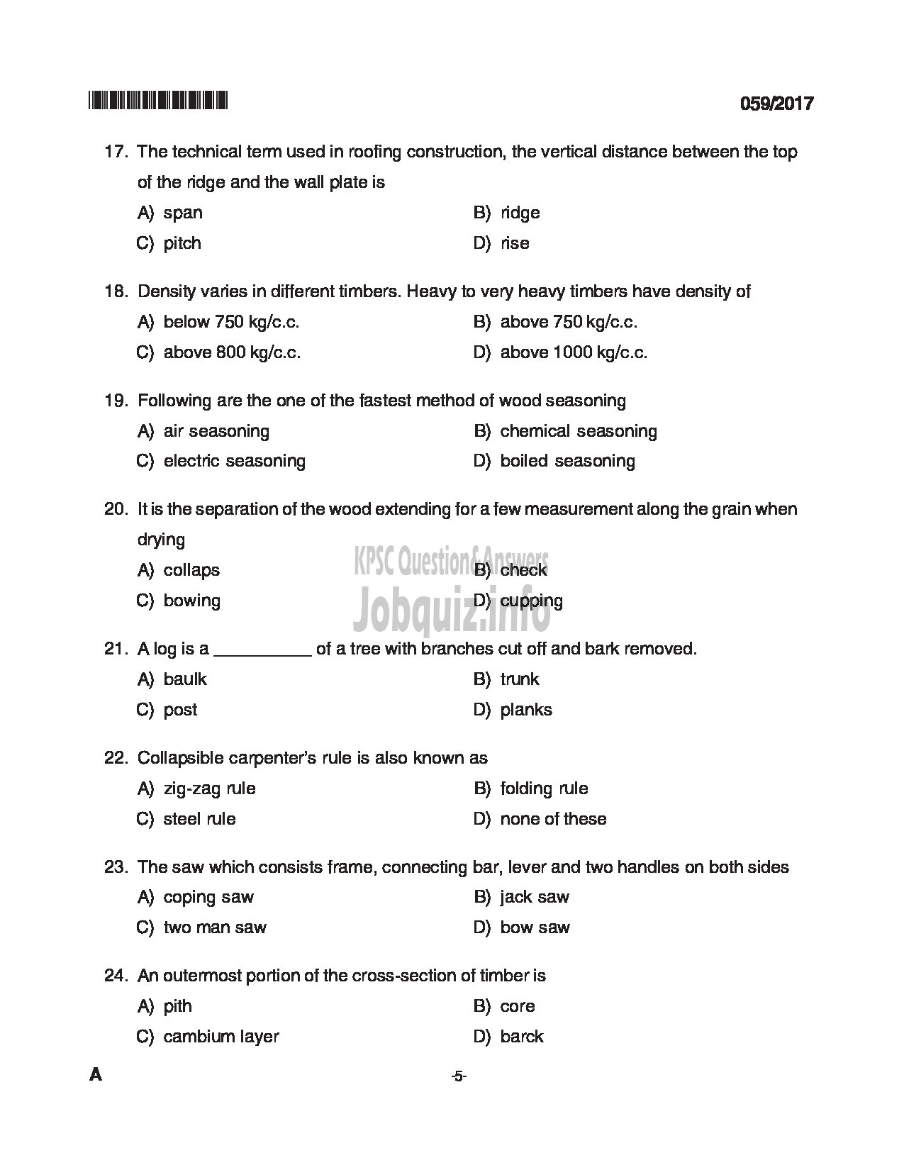 Kerala PSC Question Paper - CARPENTARY INSTRUCTOR SOCIAL JUSTICE DEPARTMENT QUESTION PAPER-5