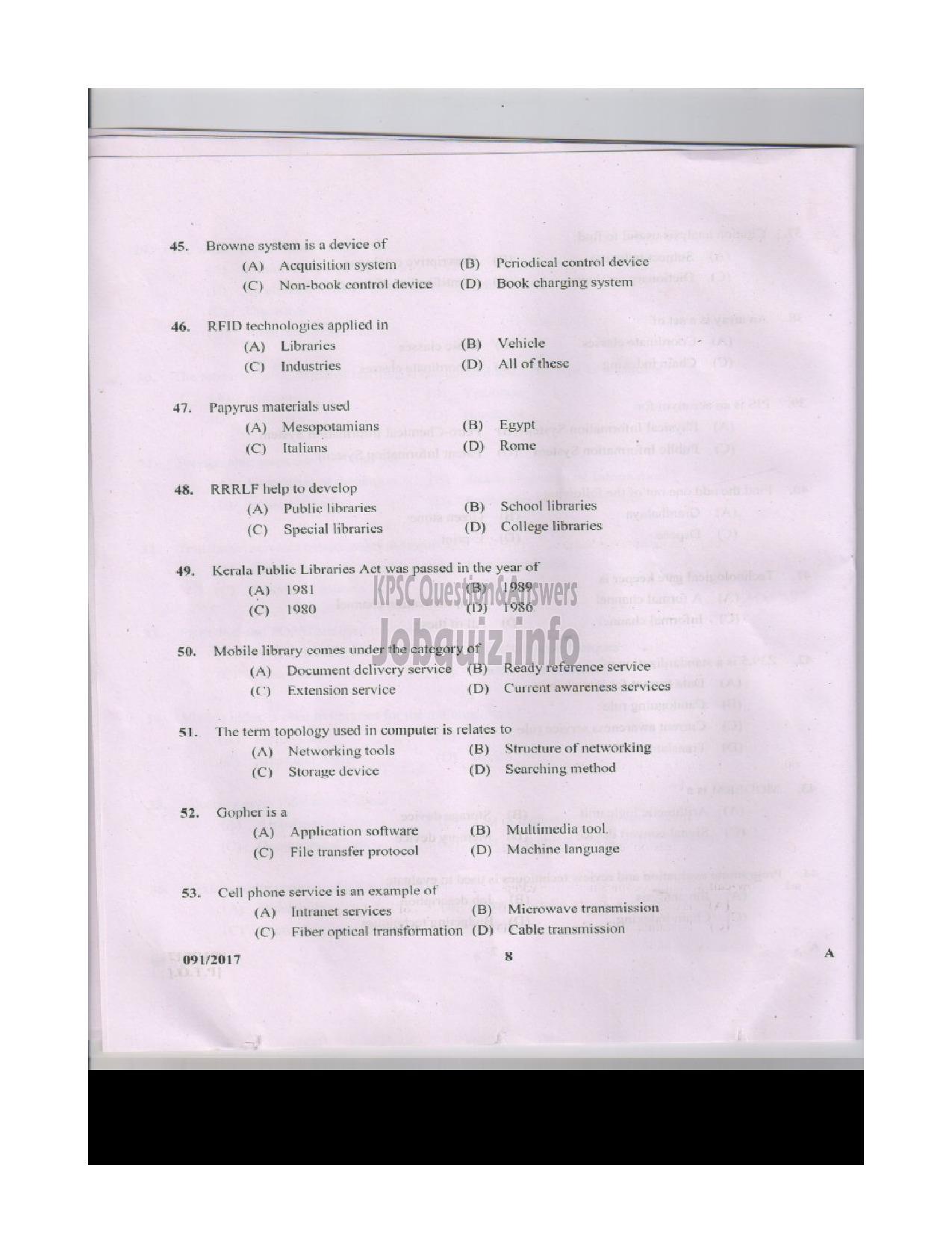 Kerala PSC Question Paper - CATALOGUE ASSISTANT LEGISLATURE SECRETARIAT-7