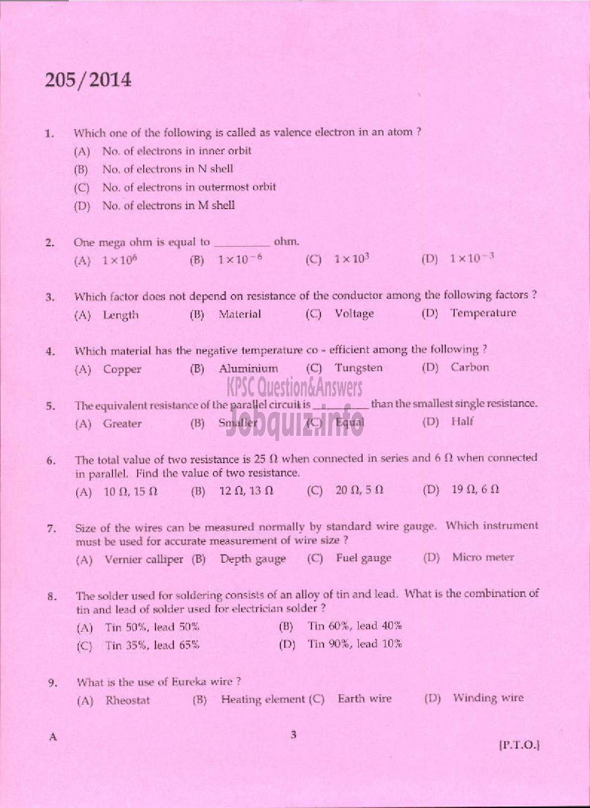 Kerala PSC Question Paper - CHARGEMAN ELECTRICAL/TECHNICIAN GRADE II FOAM MATTINGS INDIA LTD/KCMMF LTD-1