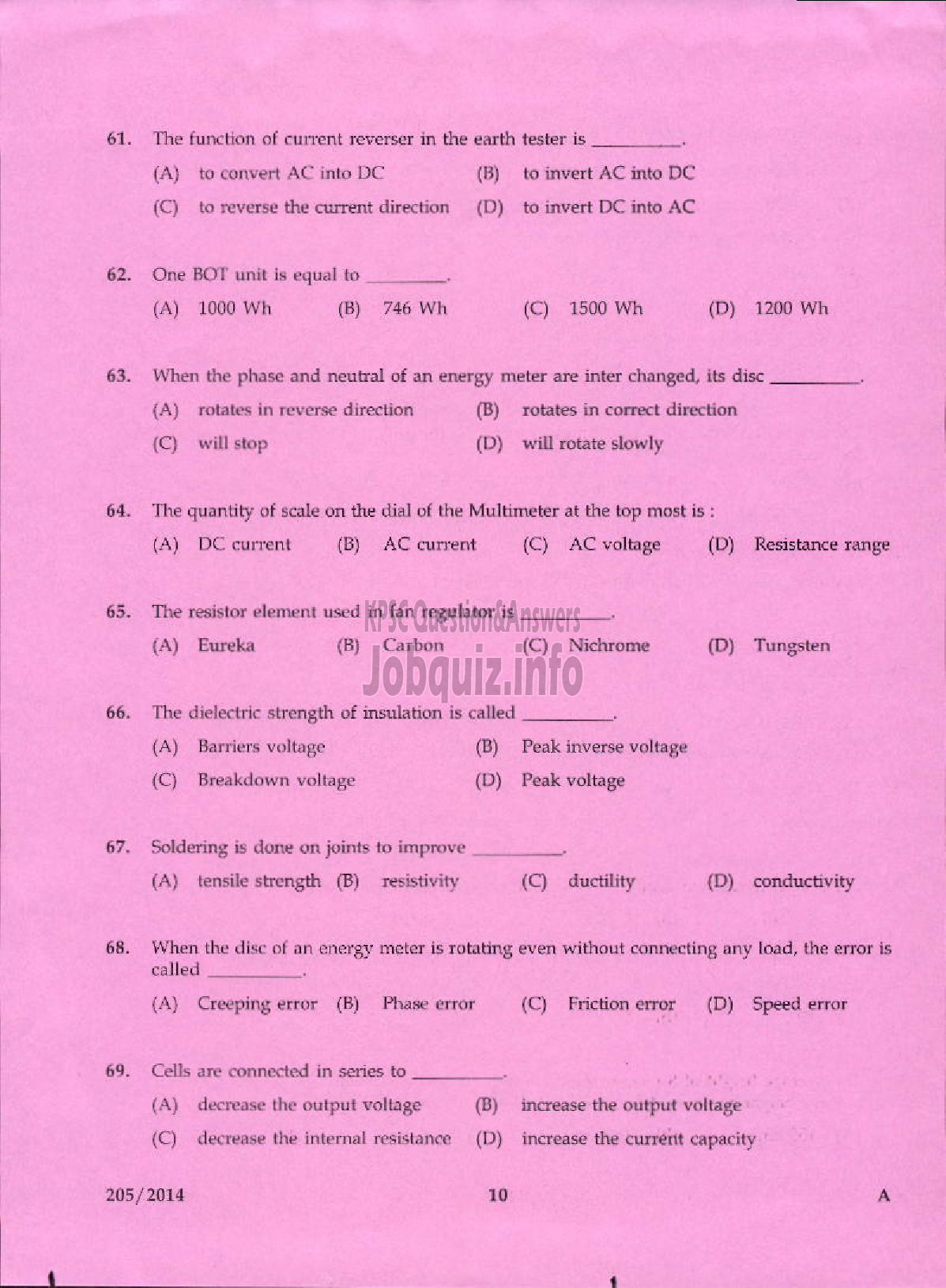 Kerala PSC Question Paper - CHARGEMAN ELECTRICAL/TECHNICIAN GRADE II FOAM MATTINGS INDIA LTD/KCMMF LTD-8