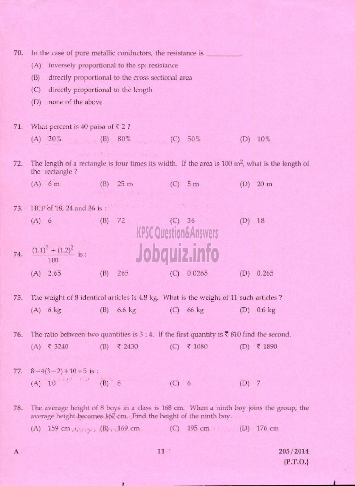 Kerala PSC Question Paper - CHARGEMAN ELECTRICAL/TECHNICIAN GRADE II FOAM MATTINGS INDIA LTD/KCMMF LTD-9