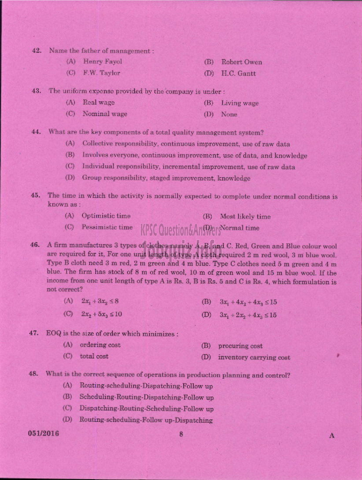 Kerala PSC Question Paper - CHARGEMAN MECHANICAL KERALA MINERALS AND METALS LTD-6