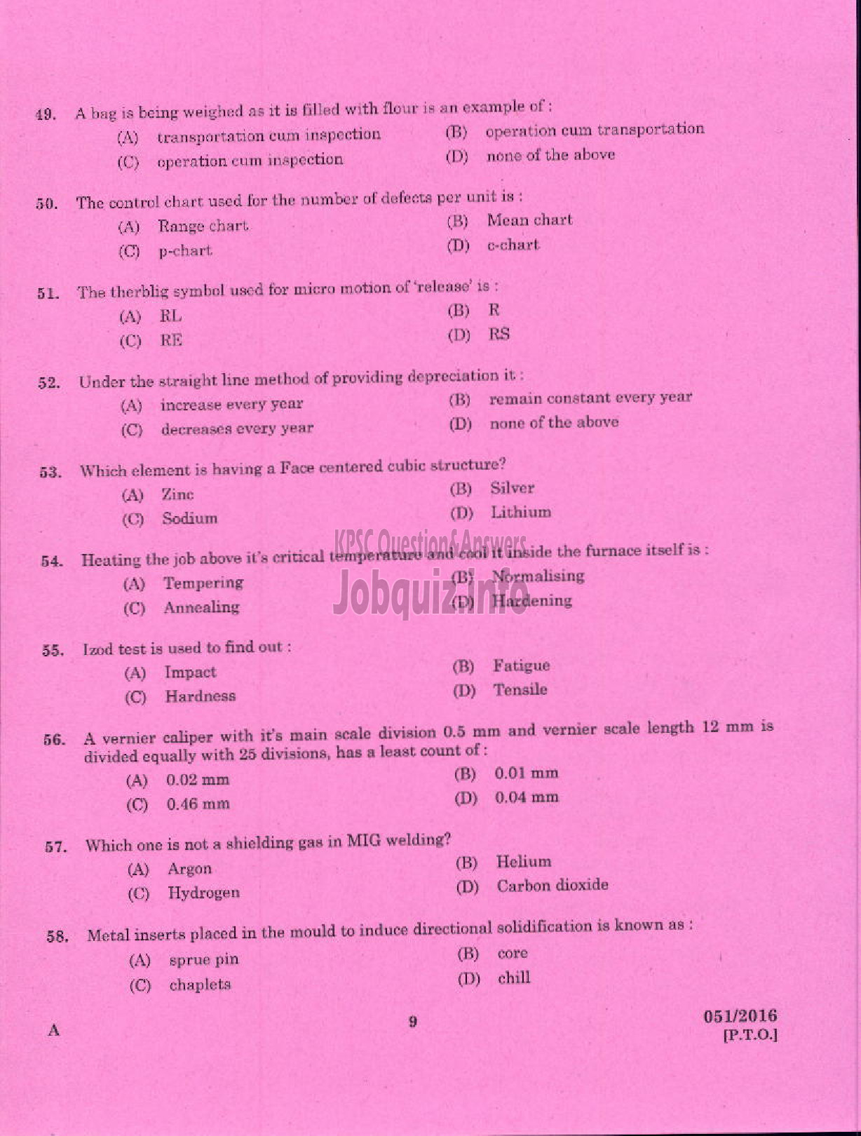 Kerala PSC Question Paper - CHARGEMAN MECHANICAL KERALA MINERALS AND METALS LTD-7
