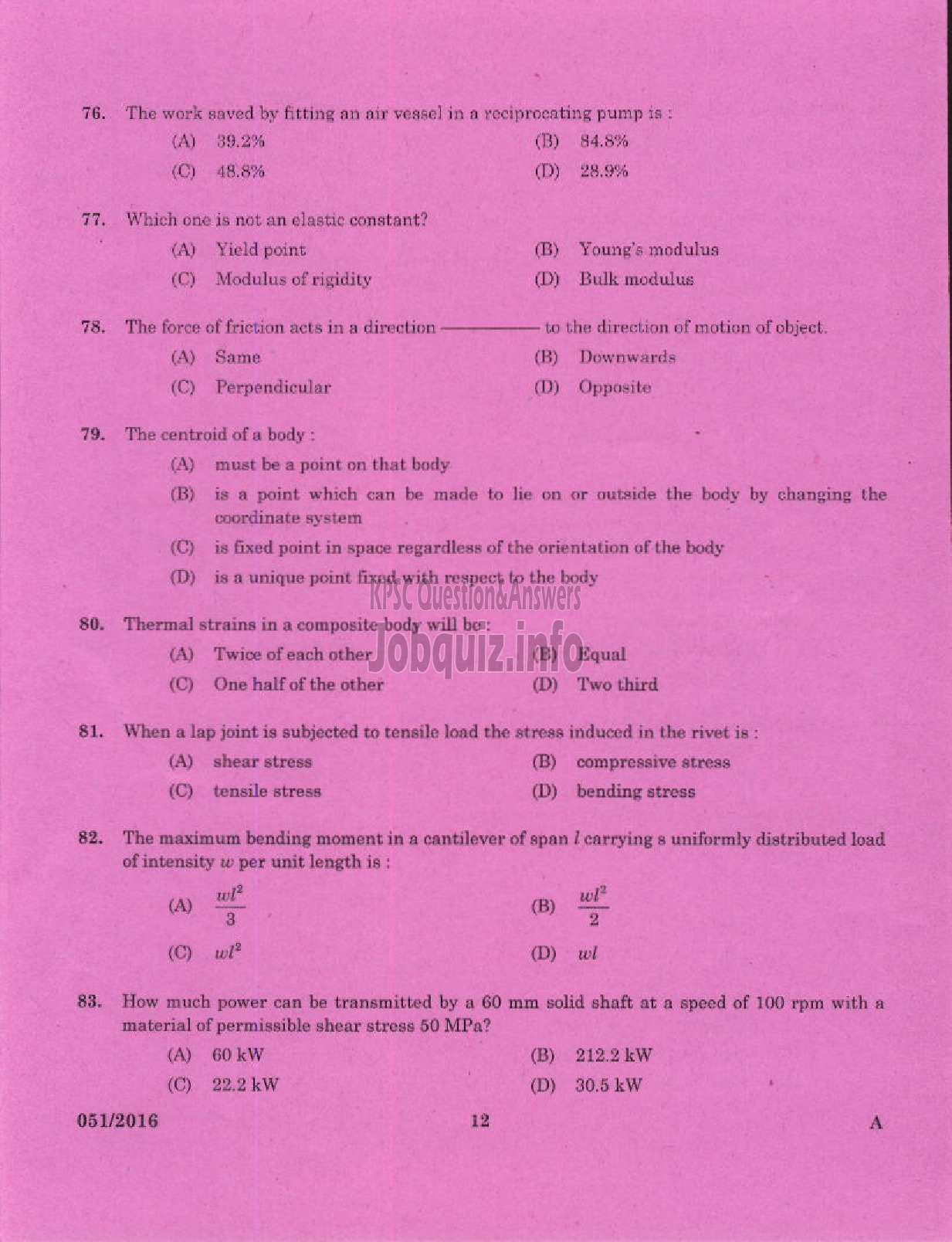 Kerala PSC Question Paper - CHARGEMAN MECHANICAL KERALA MINERALS AND METALS LTD-10