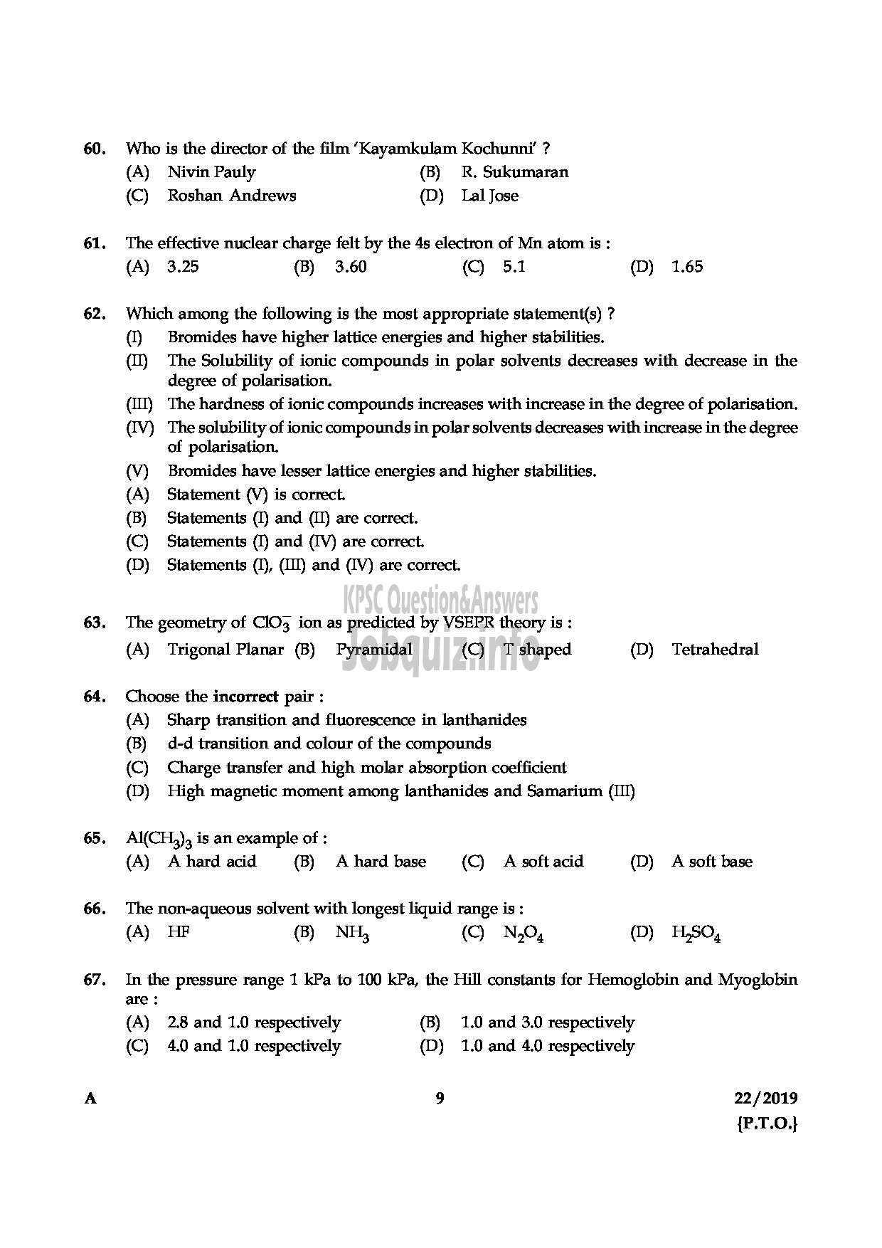 Kerala PSC Question Paper - CHEMICAL ASSISTANT GROUND WATER DEPARTMENT-9