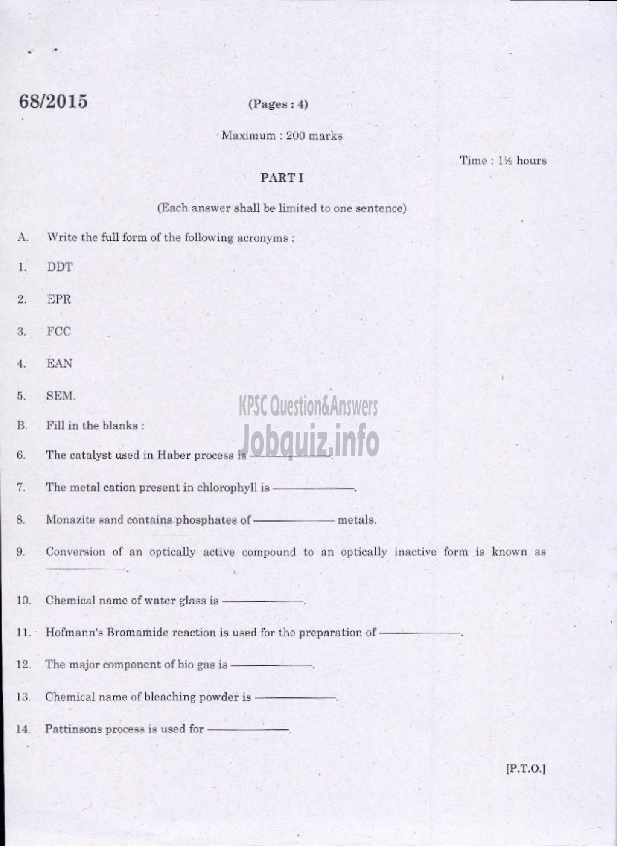 Kerala PSC Question Paper - CHEMISTRY-1