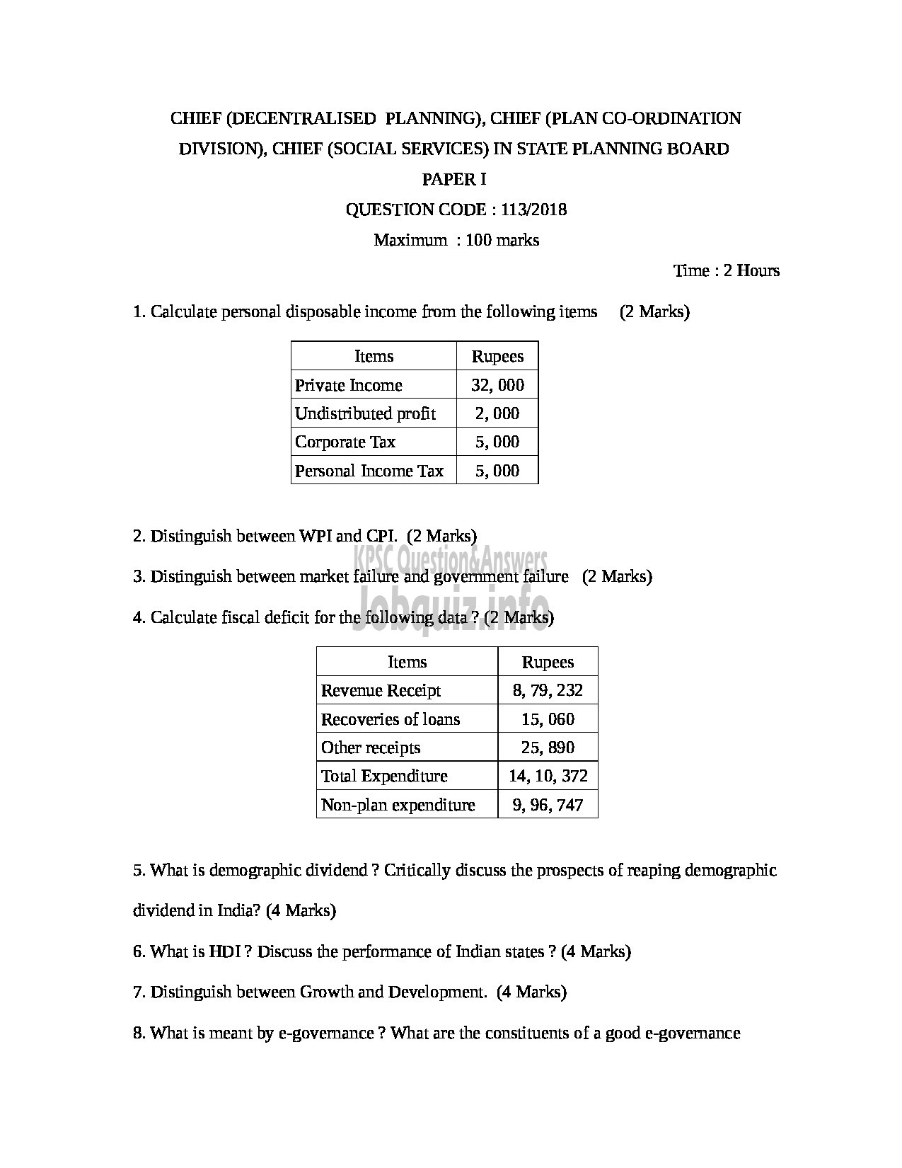 Kerala PSC Question Paper - CHIEF DECENTRALISED PLANNING/PLAN COORDINATION DIVISION/ SOCIAL SERVICES PAPER I-1