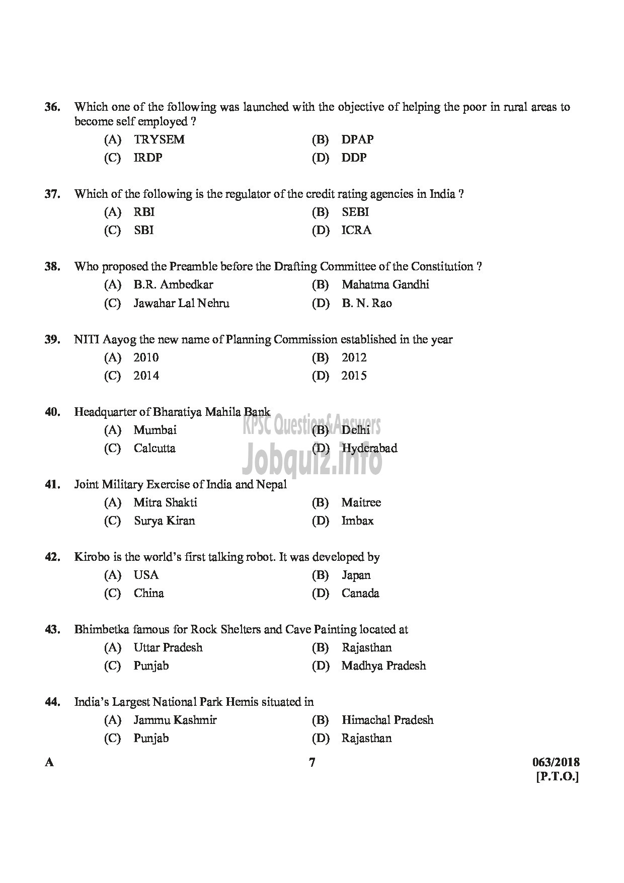 Kerala PSC Question Paper - CIVIL. POLICE OFFICER ARMED POLICE BATTALION WOMEN POLICE CONSTABLE ARMED POLICE BATTALION-7