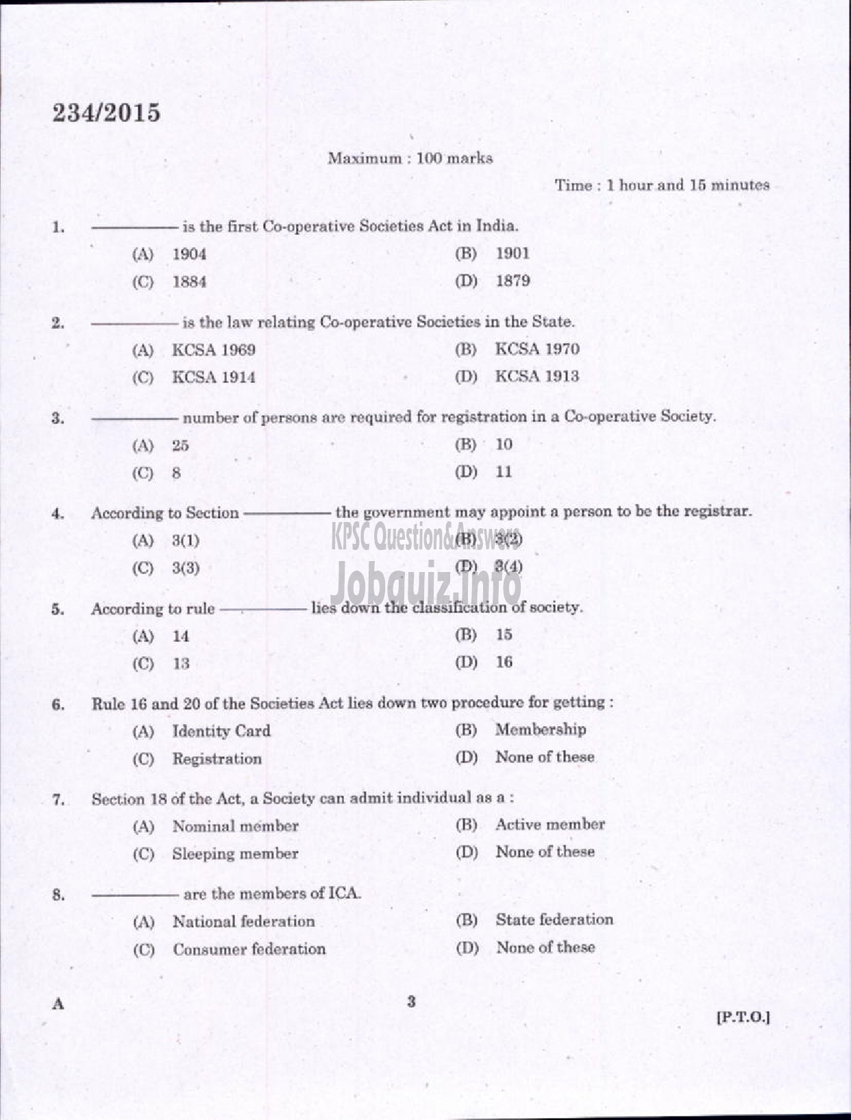 Kerala PSC Question Paper - CLERK/CASHIER DISTRICT CO OPERATIVE BANK-1
