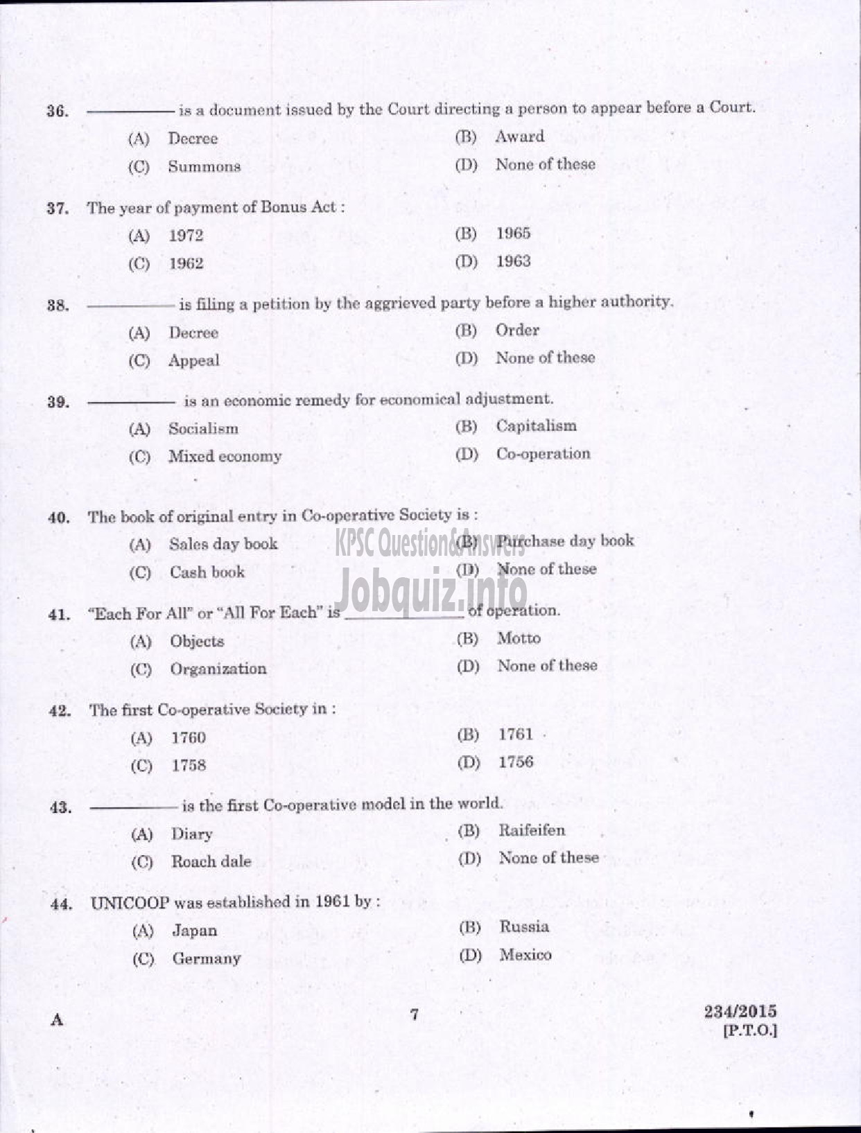 Kerala PSC Question Paper - CLERK/CASHIER DISTRICT CO OPERATIVE BANK-5