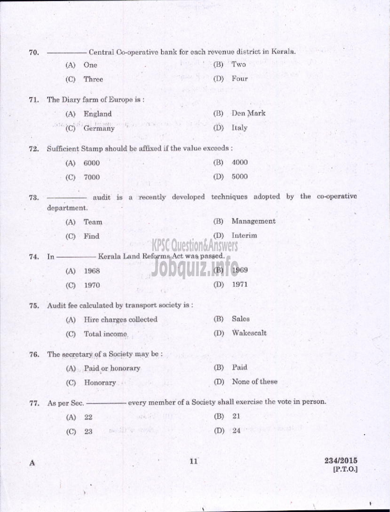 Kerala PSC Question Paper - CLERK/CASHIER DISTRICT CO OPERATIVE BANK-9