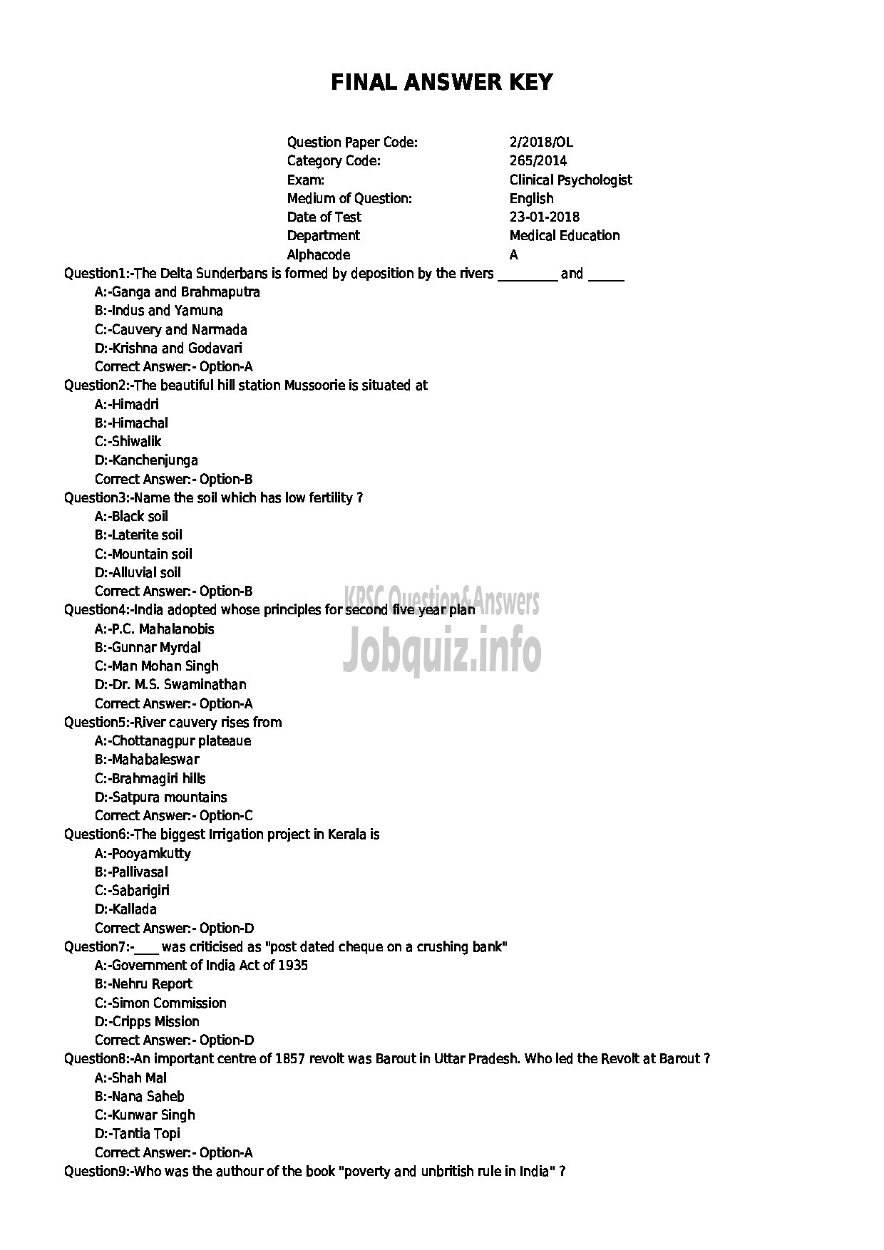 Kerala PSC Question Paper - CLINICAL PSYCHOLOGIST MEDICAL EDUCATION-1